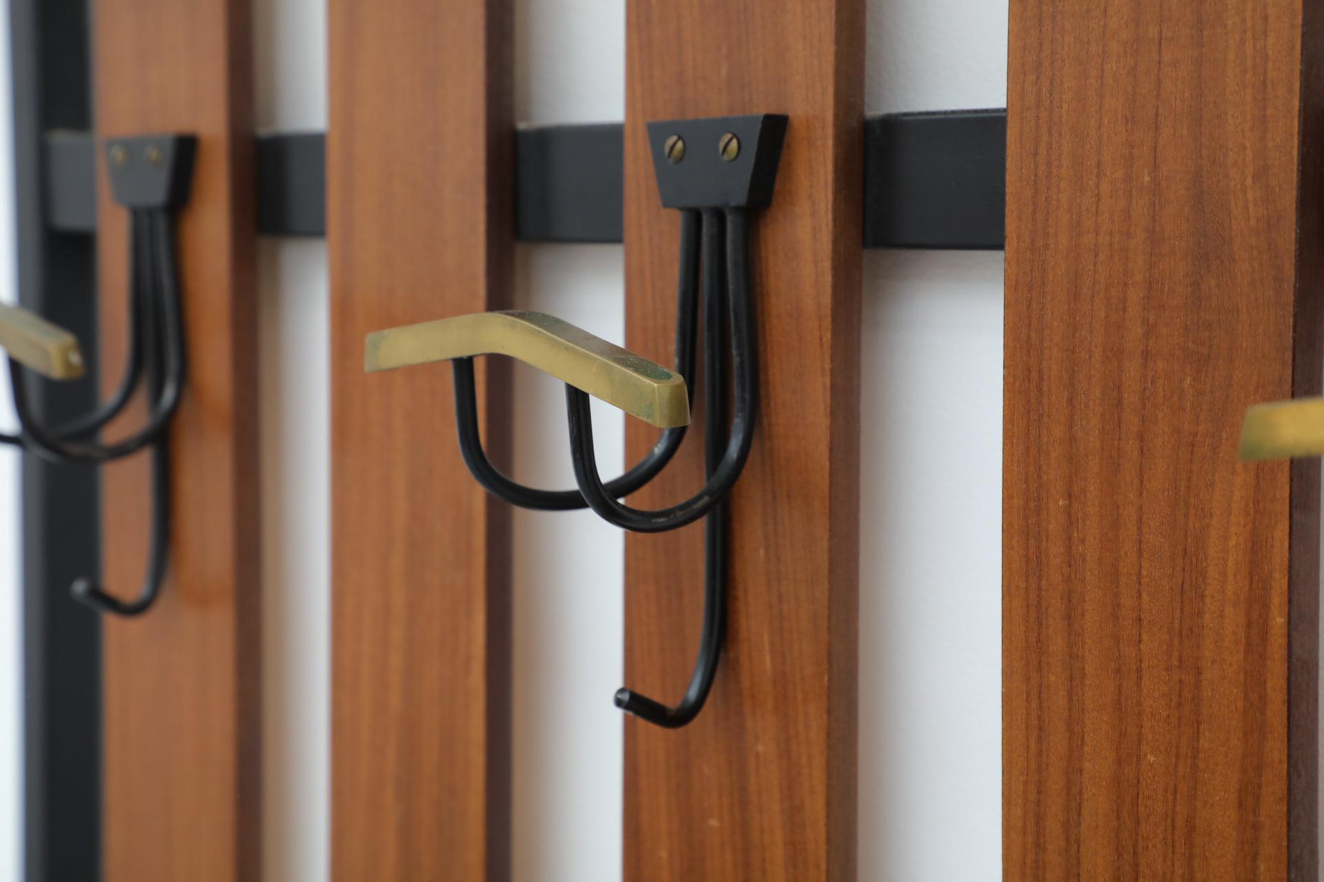 Handsome Italian Slatted Teak Wall Mount Coat Rack with Brass Accent Hooks For Sale 5