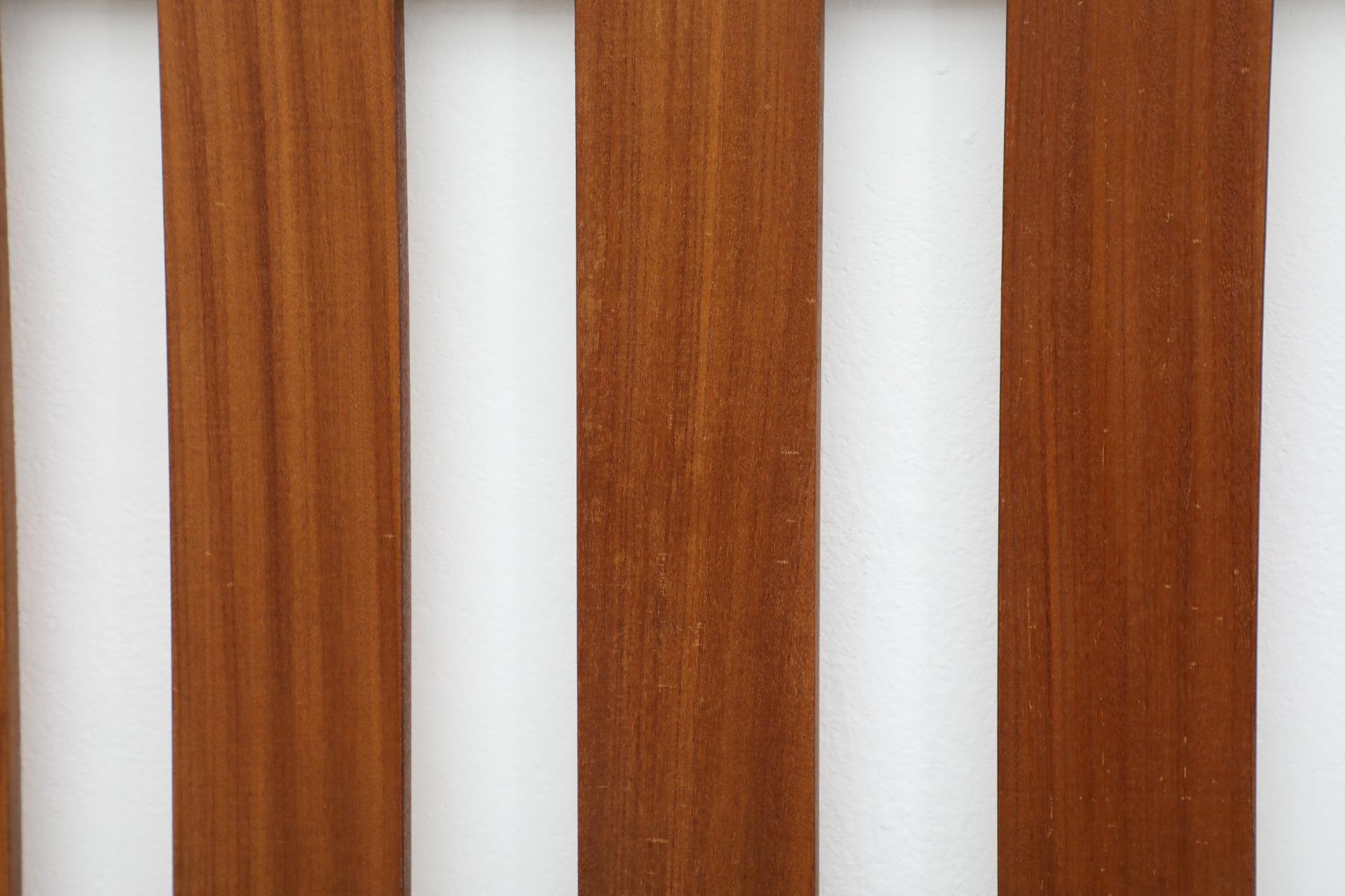 Handsome Italian Slatted Teak Wall Mount Coat Rack with Brass Accent Hooks For Sale 6