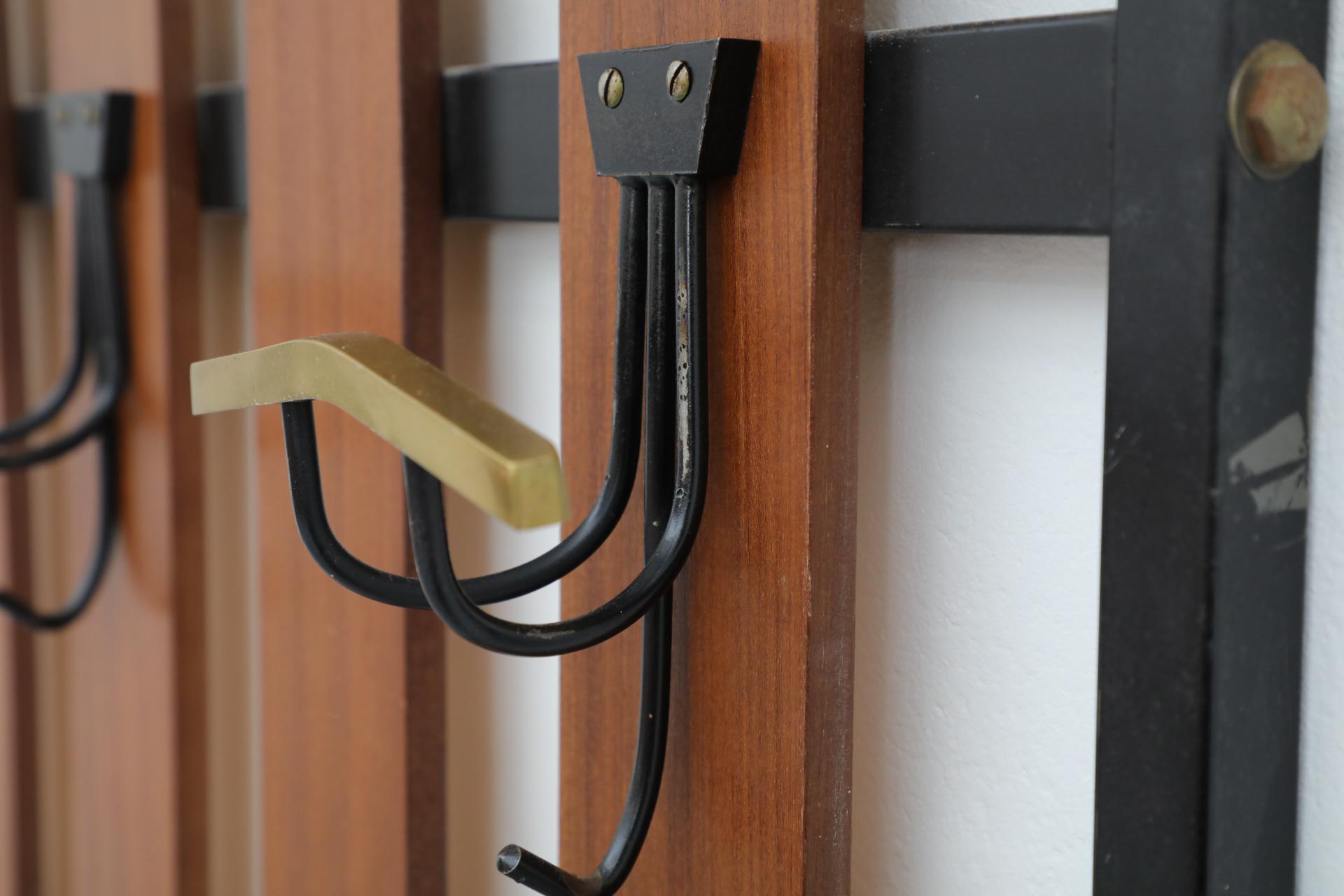 Handsome Italian Slatted Teak Wall Mount Coat Rack with Brass Accent Hooks For Sale 7