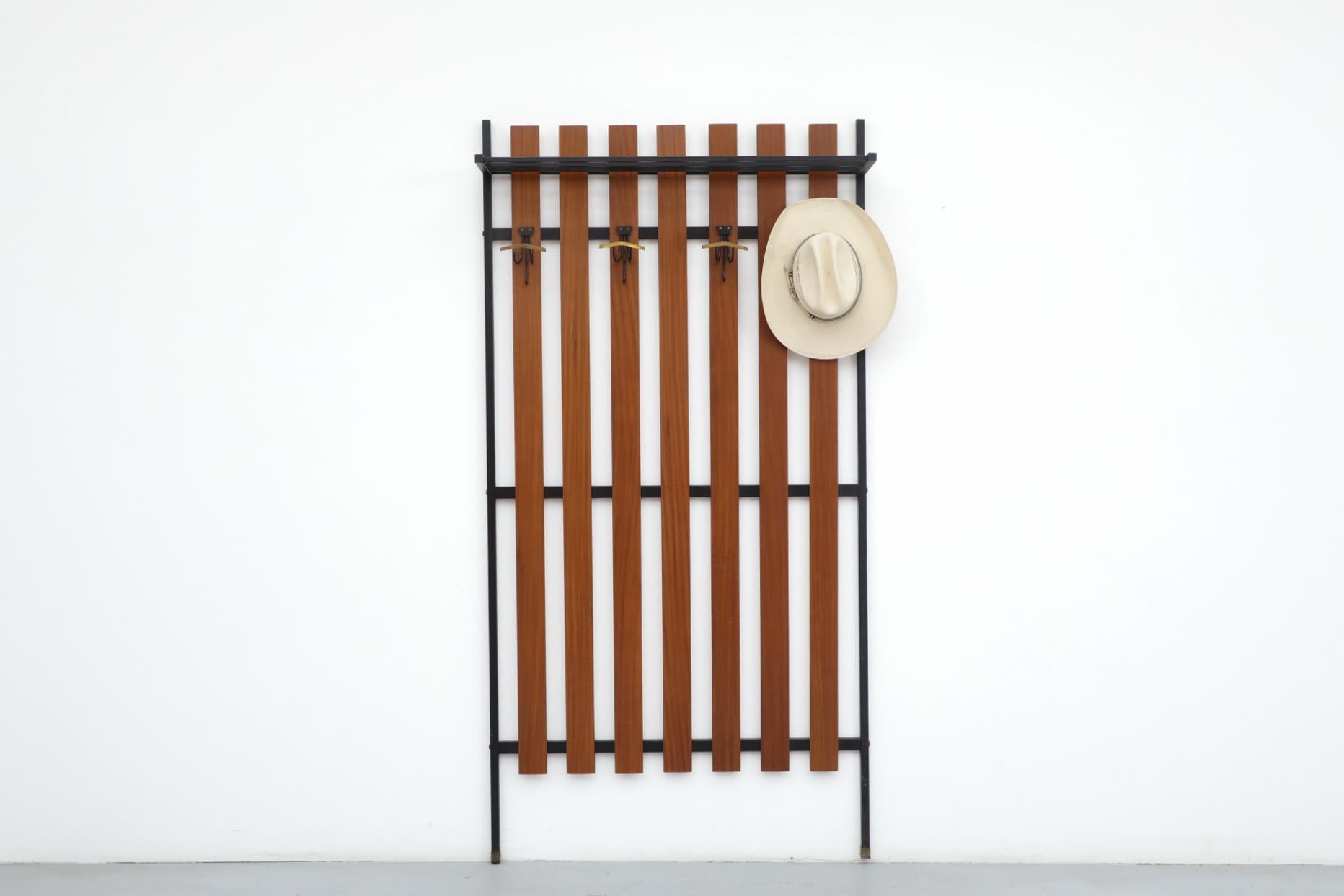 Mid-Century Modern Handsome Italian Slatted Teak Wall Mount Coat Rack with Brass Accent Hooks For Sale