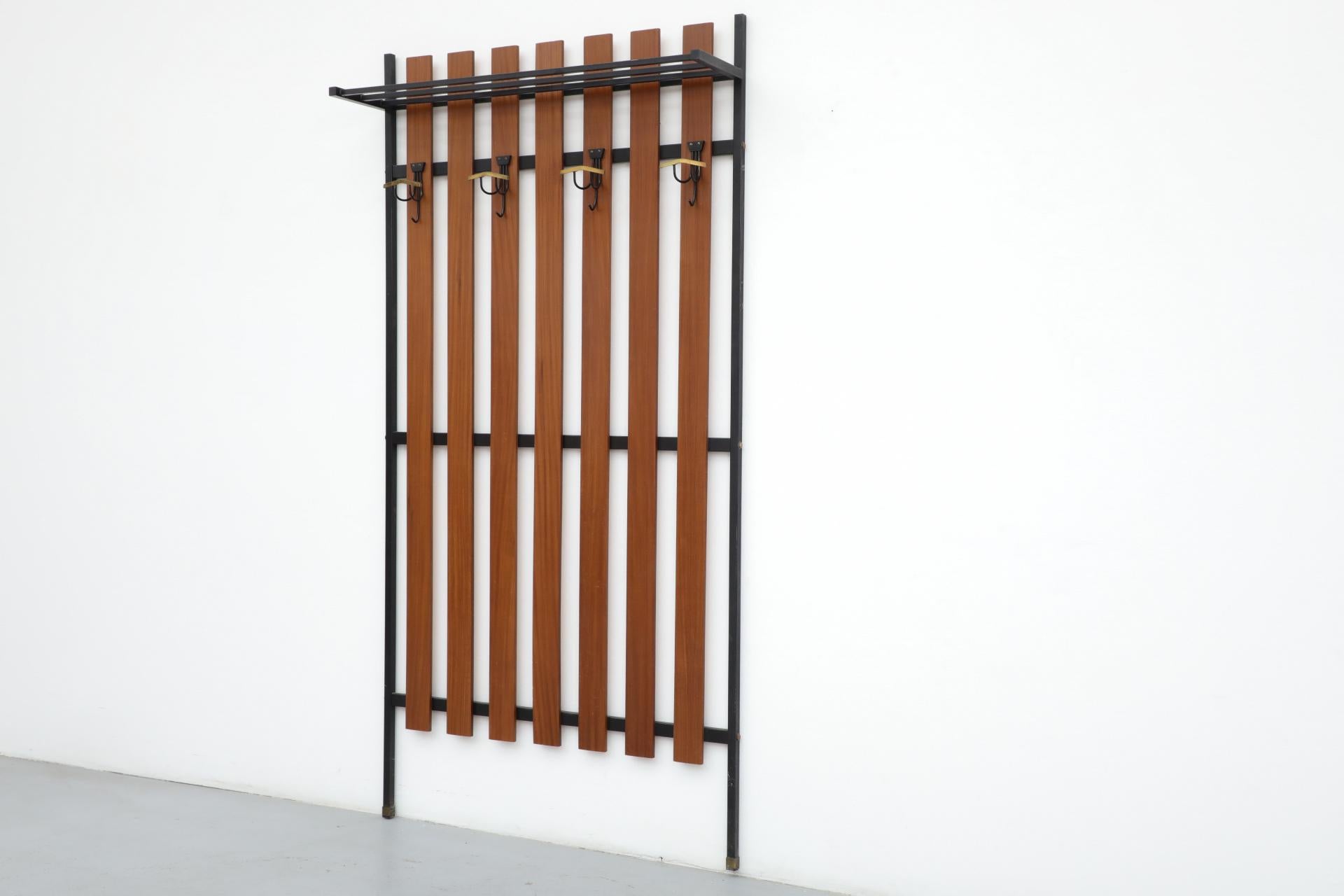 Enameled Handsome Italian Slatted Teak Wall Mount Coat Rack with Brass Accent Hooks For Sale