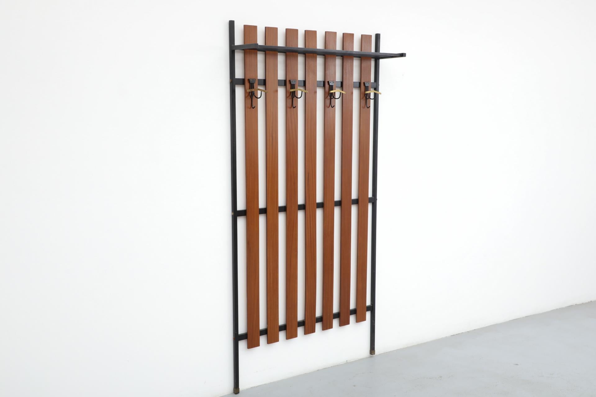 Handsome Italian Slatted Teak Wall Mount Coat Rack with Brass Accent Hooks In Good Condition For Sale In Los Angeles, CA