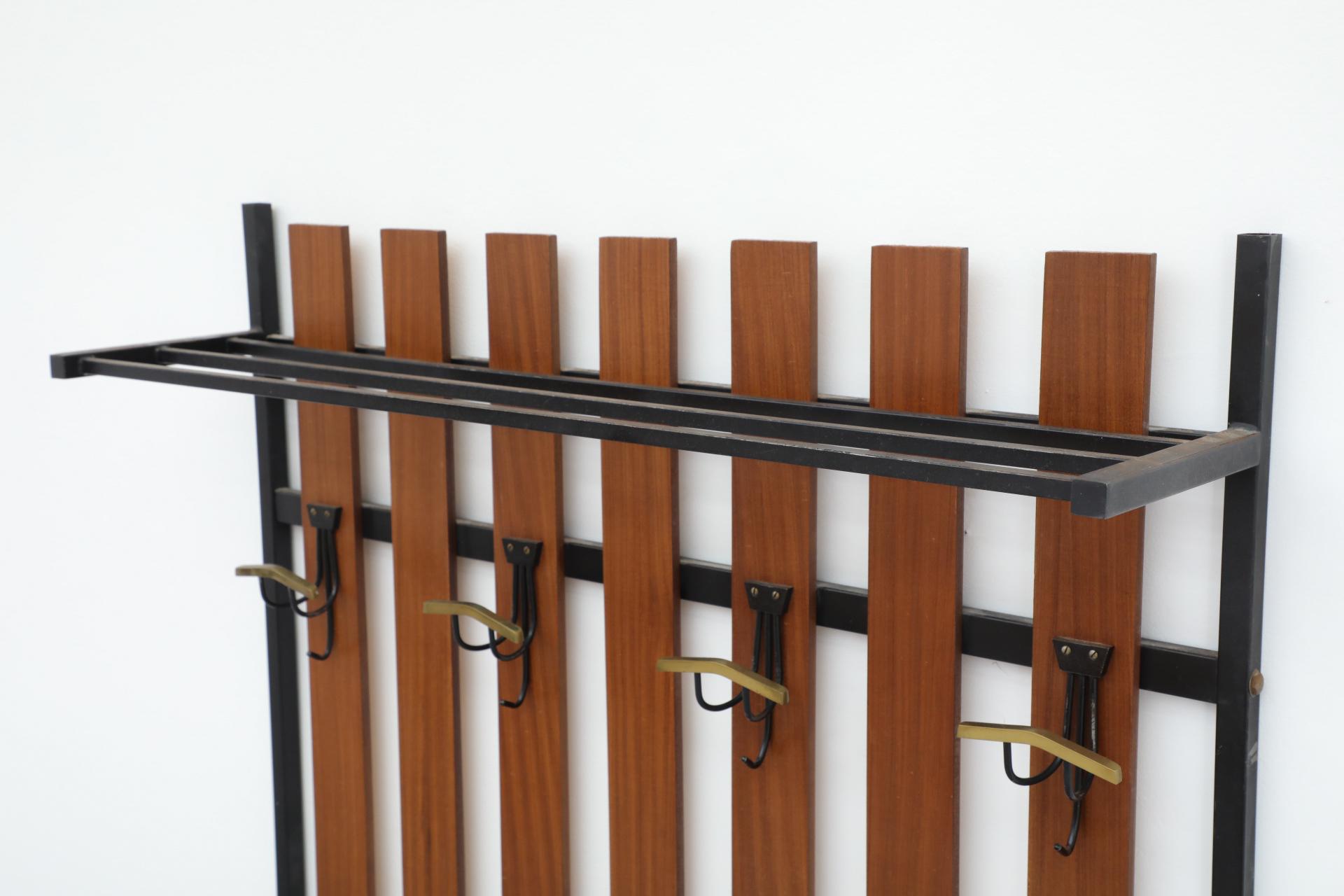 20th Century Handsome Italian Slatted Teak Wall Mount Coat Rack with Brass Accent Hooks For Sale