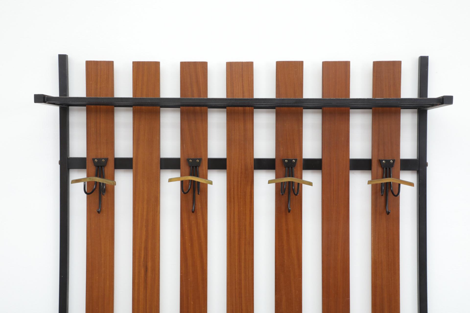 Metal Handsome Italian Slatted Teak Wall Mount Coat Rack with Brass Accent Hooks For Sale