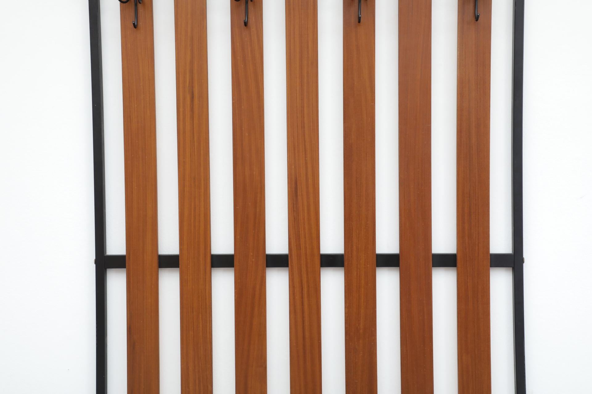 Handsome Italian Slatted Teak Wall Mount Coat Rack with Brass Accent Hooks For Sale 1