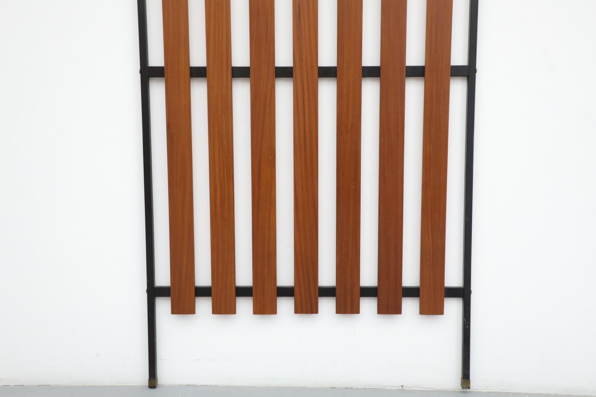 Handsome Italian Slatted Teak Wall Mount Coat Rack with Brass Accent Hooks For Sale 2