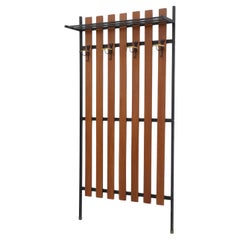 Handsome Italian Slatted Teak Wall Mount Coat Rack with Brass Accent Hooks
