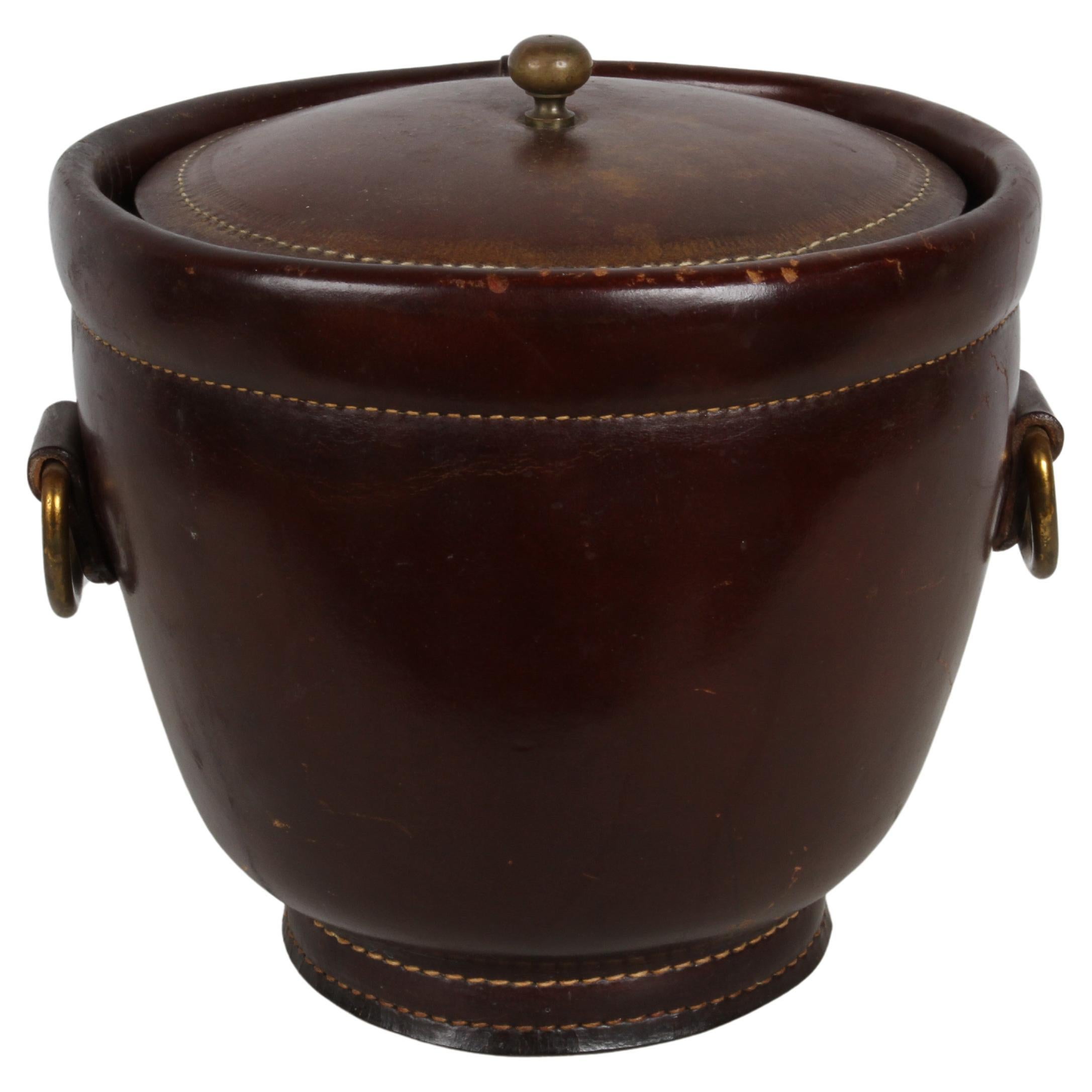 Handsome Jacques Adnet Style Vintage Leather & Brass Ice Bucket - MCM Barware For Sale