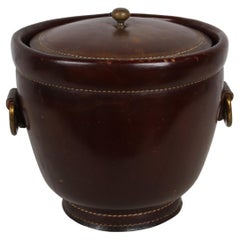 Handsome Jacques Adnet Style Vintage Leather & Brass Ice Bucket - MCM Barware