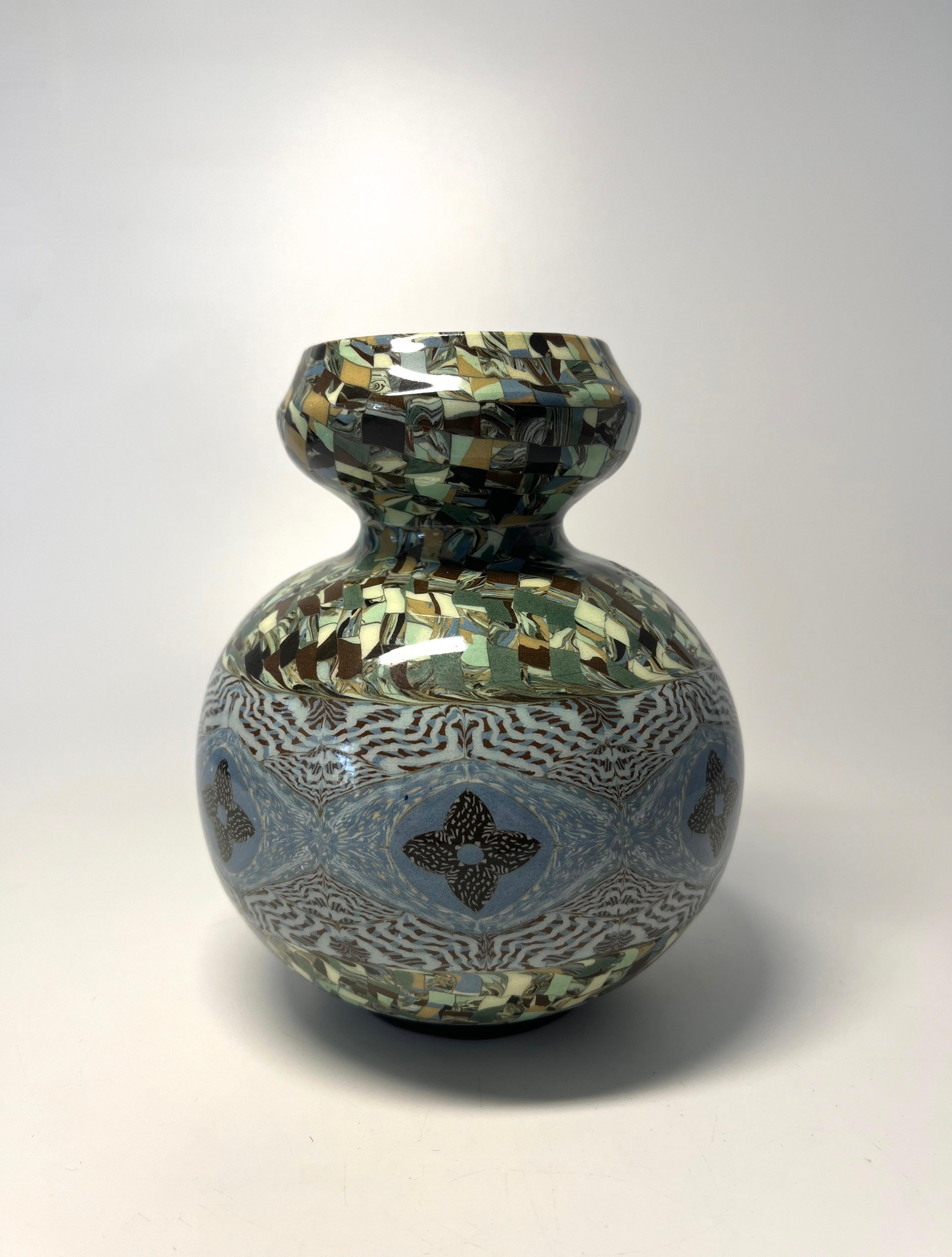 Handsomely shaped Gerbino for Vallauris, France, ceramic glazed mosaic vase in tones of blue and green
Exquisitely created by the master ceramicist Jean Gerbino
Circa 1960's
Signed Gerbino  to base
Height 6 inch, Diameter 4.75 inch, 
In excellent
