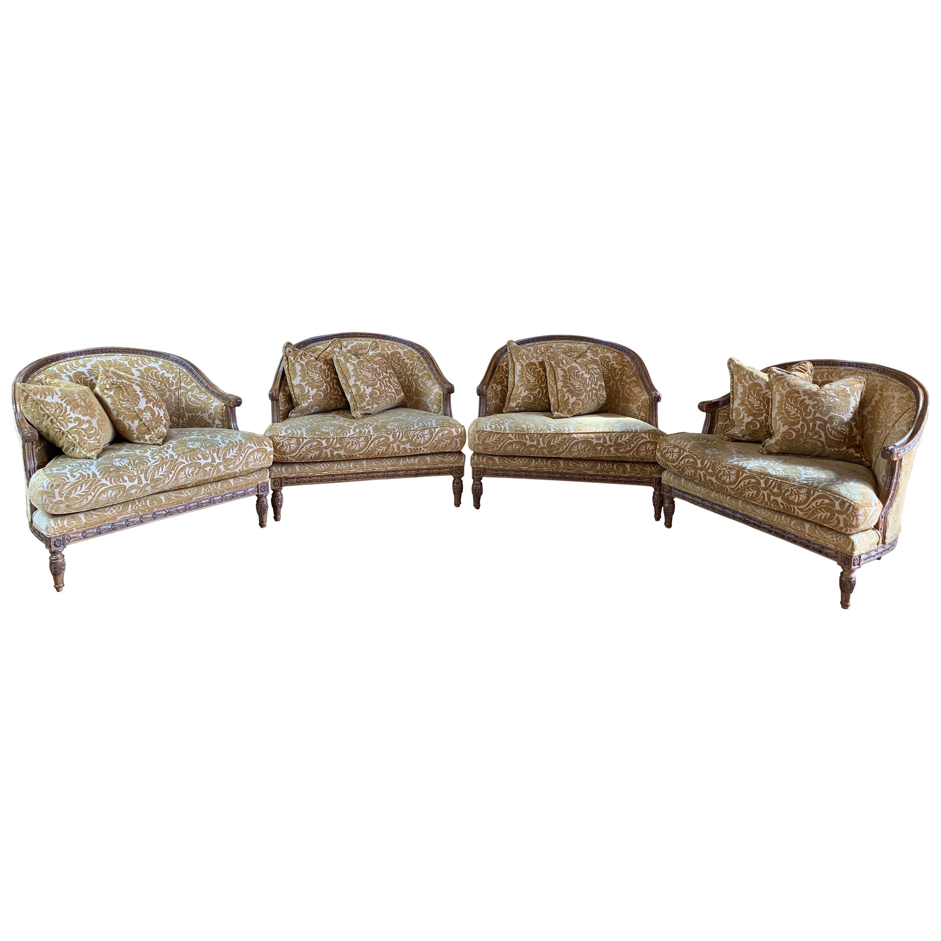 Handsome John Mascheroni Bergère Lounge Chairs with Acanthus Carved Frames