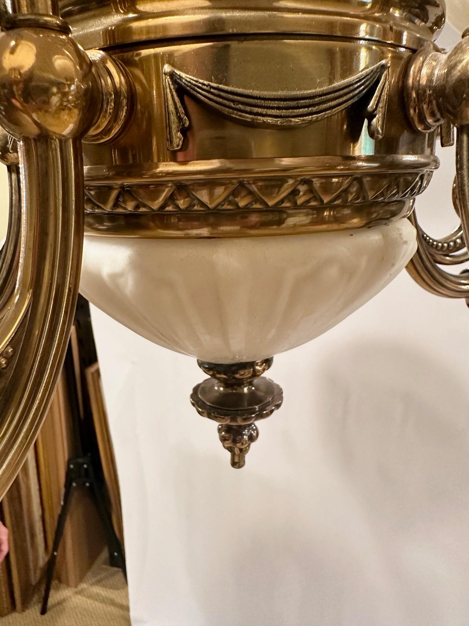 Victorian Handsome Kitchler Brass and White Opaque Glass Chandelier with 5 White Globes