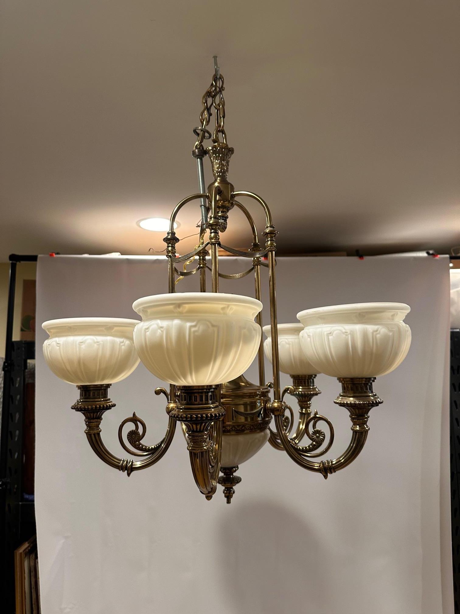 Handsome Kitchler Brass and White Opaque Glass Chandelier with 5 White Globes 1