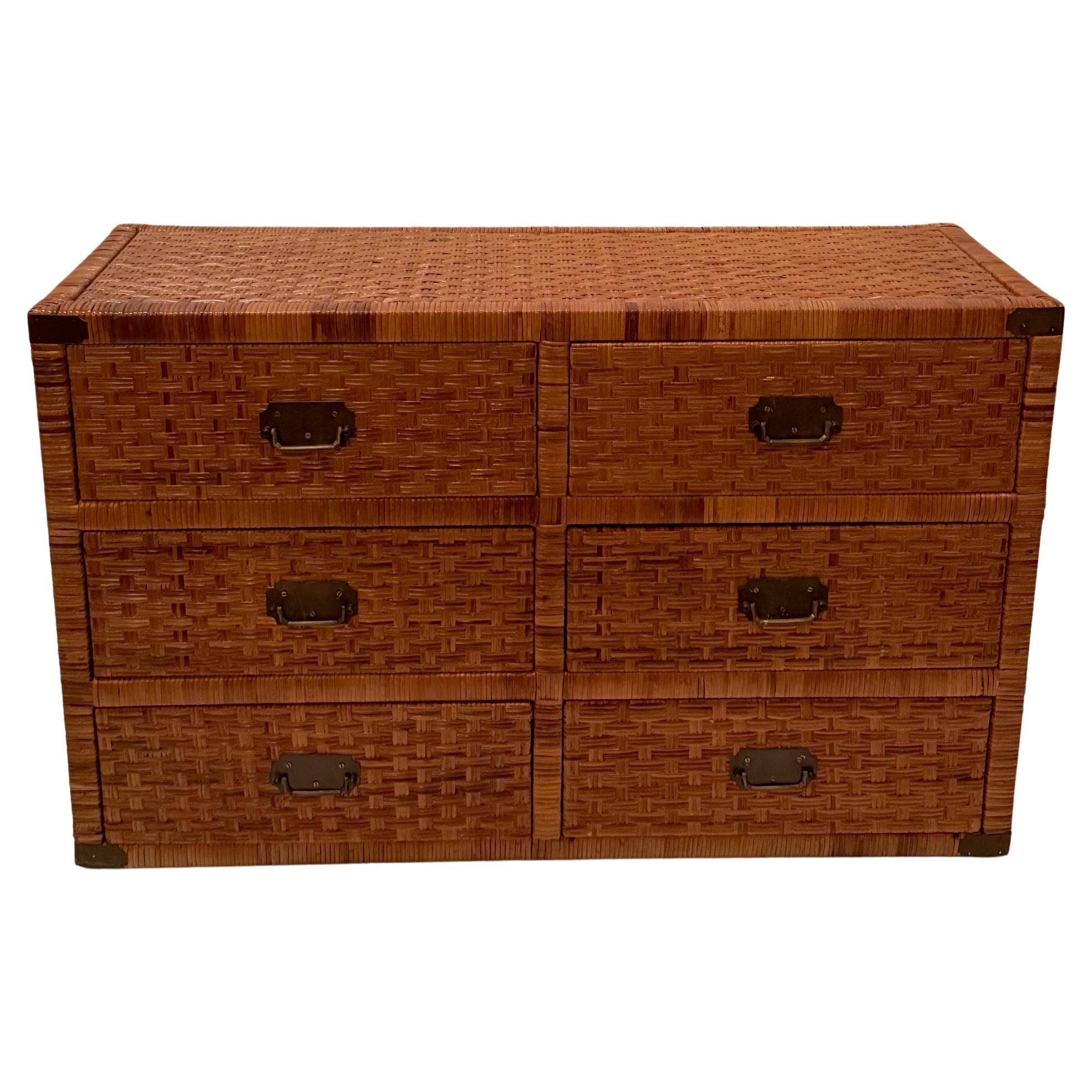 Handsome Large 6 Drawer Woven Rattan Chest of Drawers with Metal Mounts