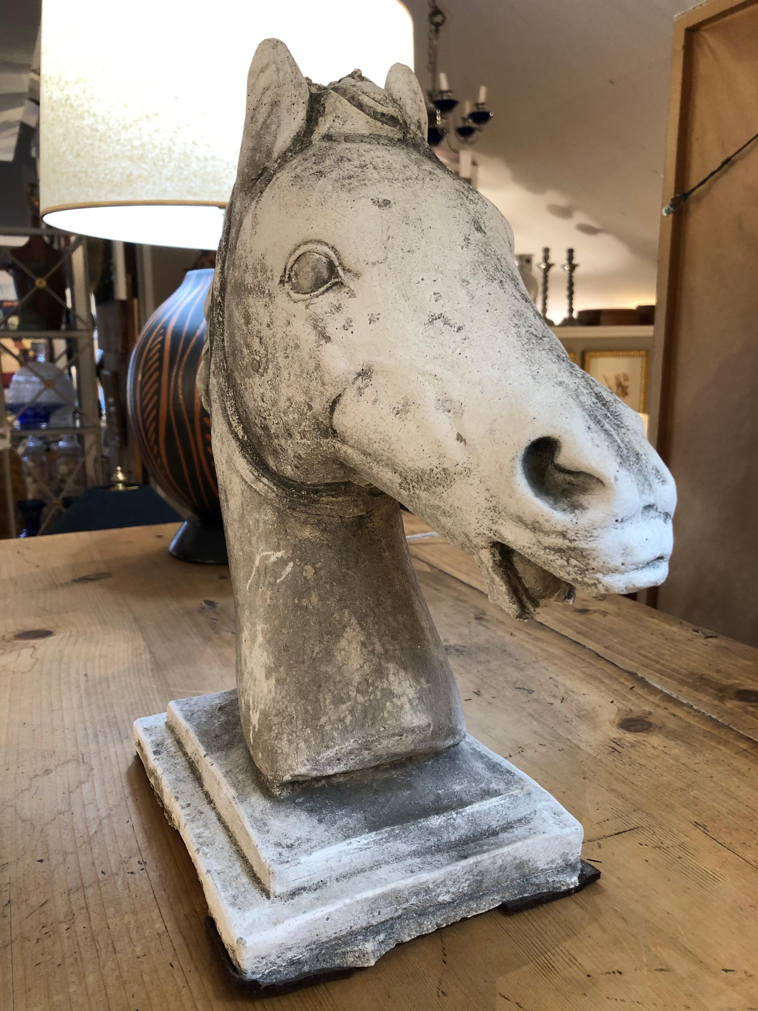 Llamativa escultura tallada en cemento gris de una hermosa cabeza de caballo.  Dramática pieza de arte y accesorio de diseño.  Se puede exponer en interiores o exteriores.