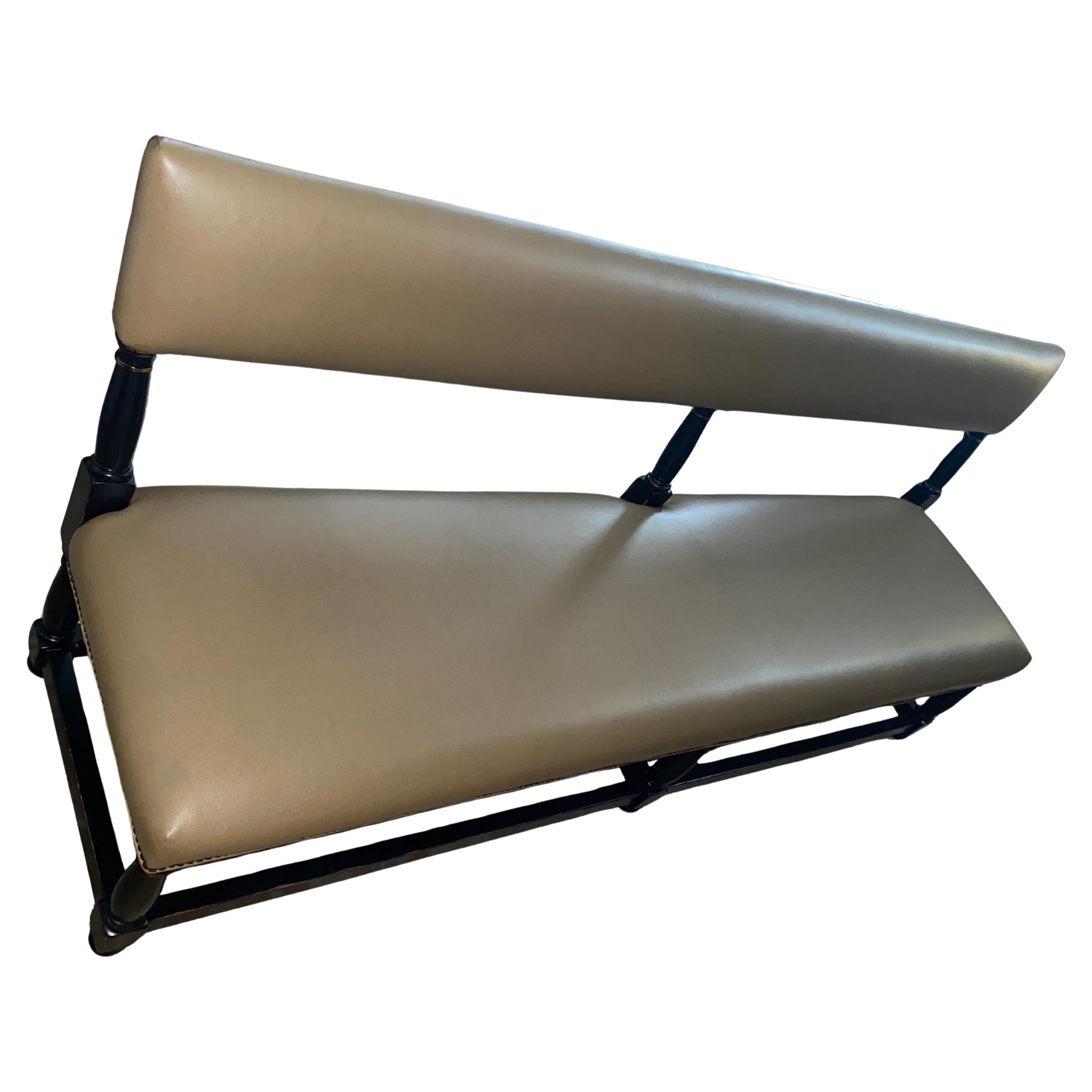 Handsome Large Custom Faux Leather & Walnut Bench Banquette For Sale