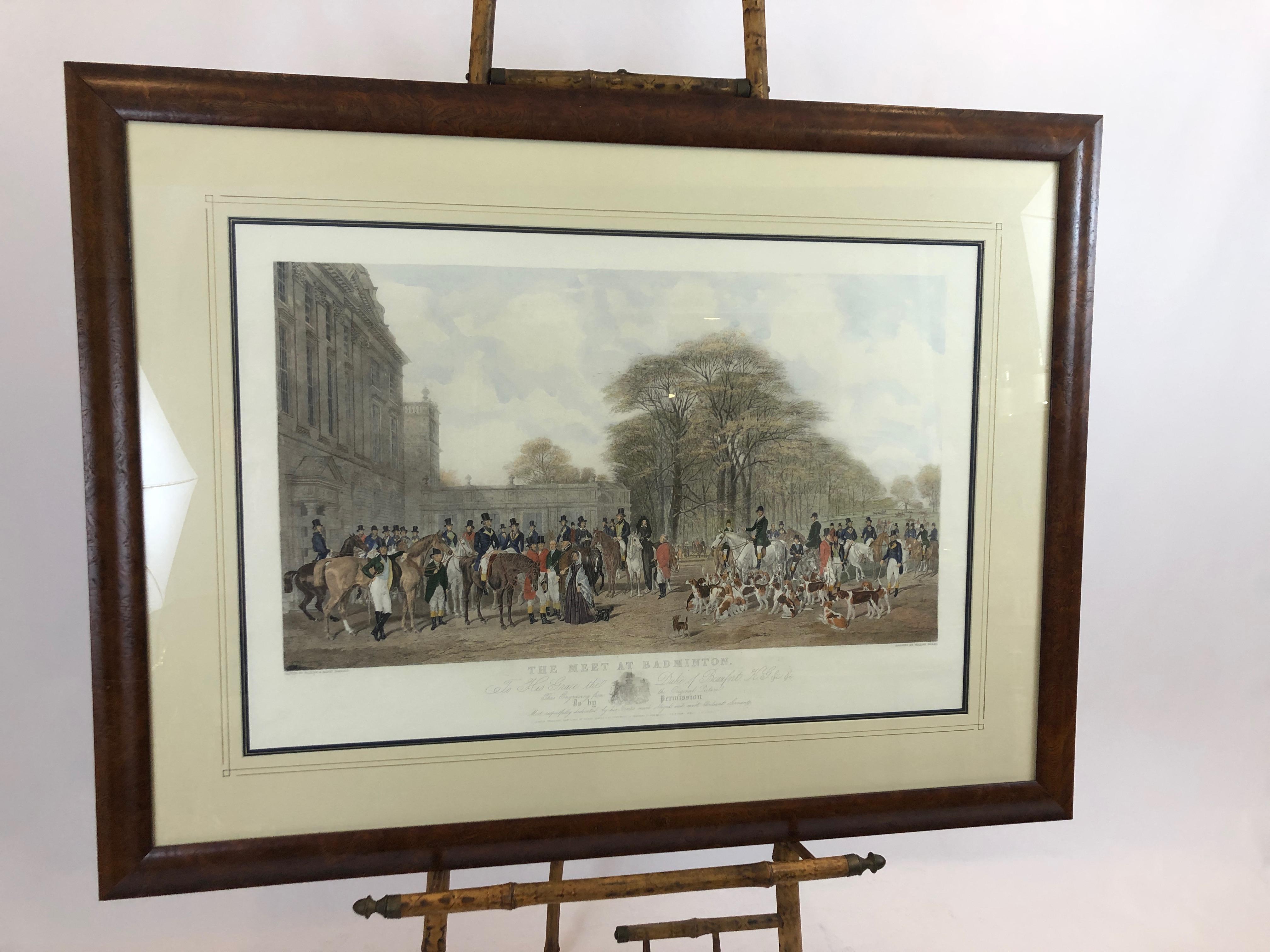 A beautifully French matted and handsome burl wood framed very large English engraving titled The Meet at Badminton, having horses, hunt dogs and lots of festivities as the subject in a muted color palette.
Engraving is 32 W x 21 H.