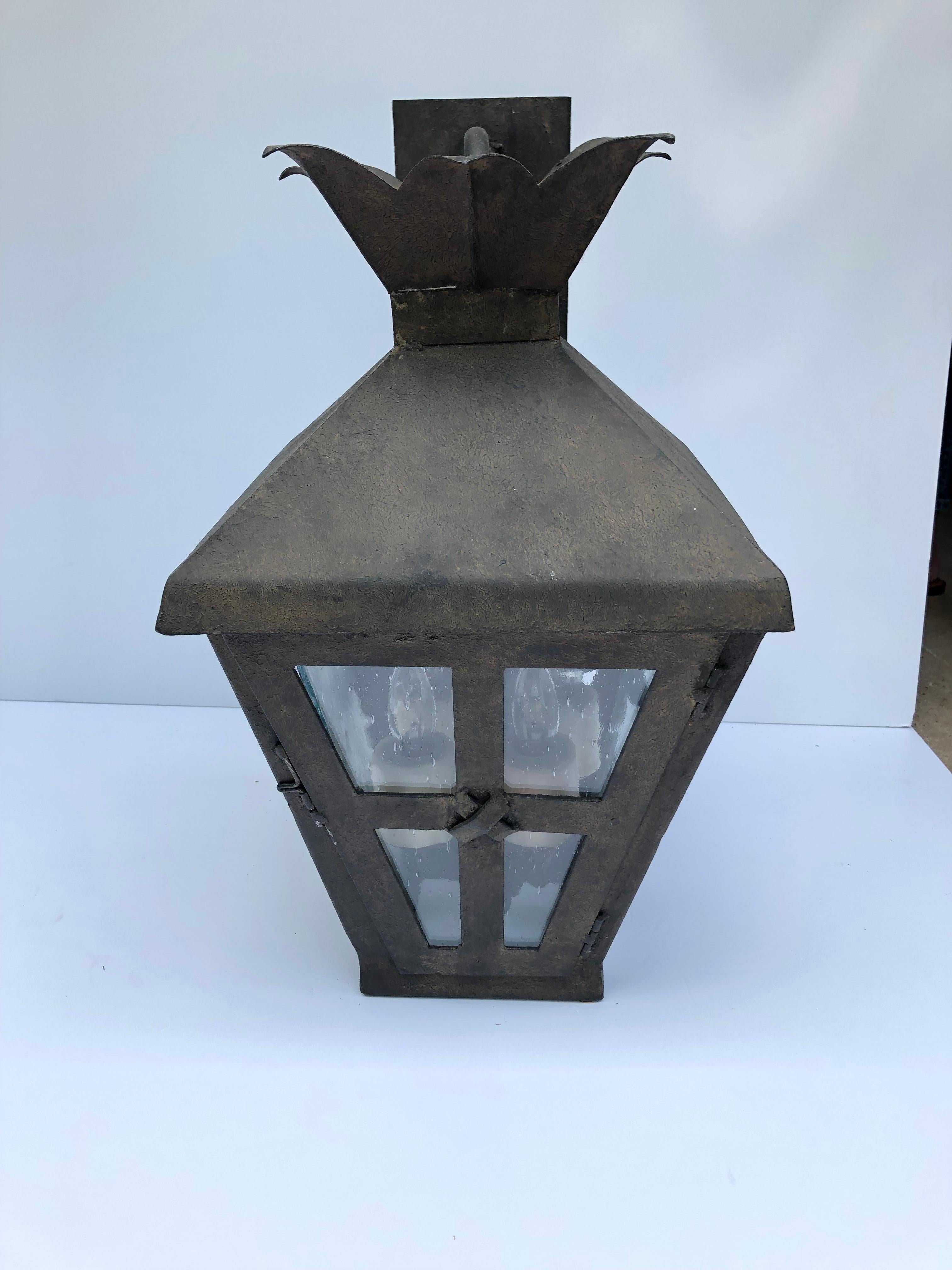 Contemporary Handsome Large Outdoor Iron Lantern with Seeded Glass For Sale
