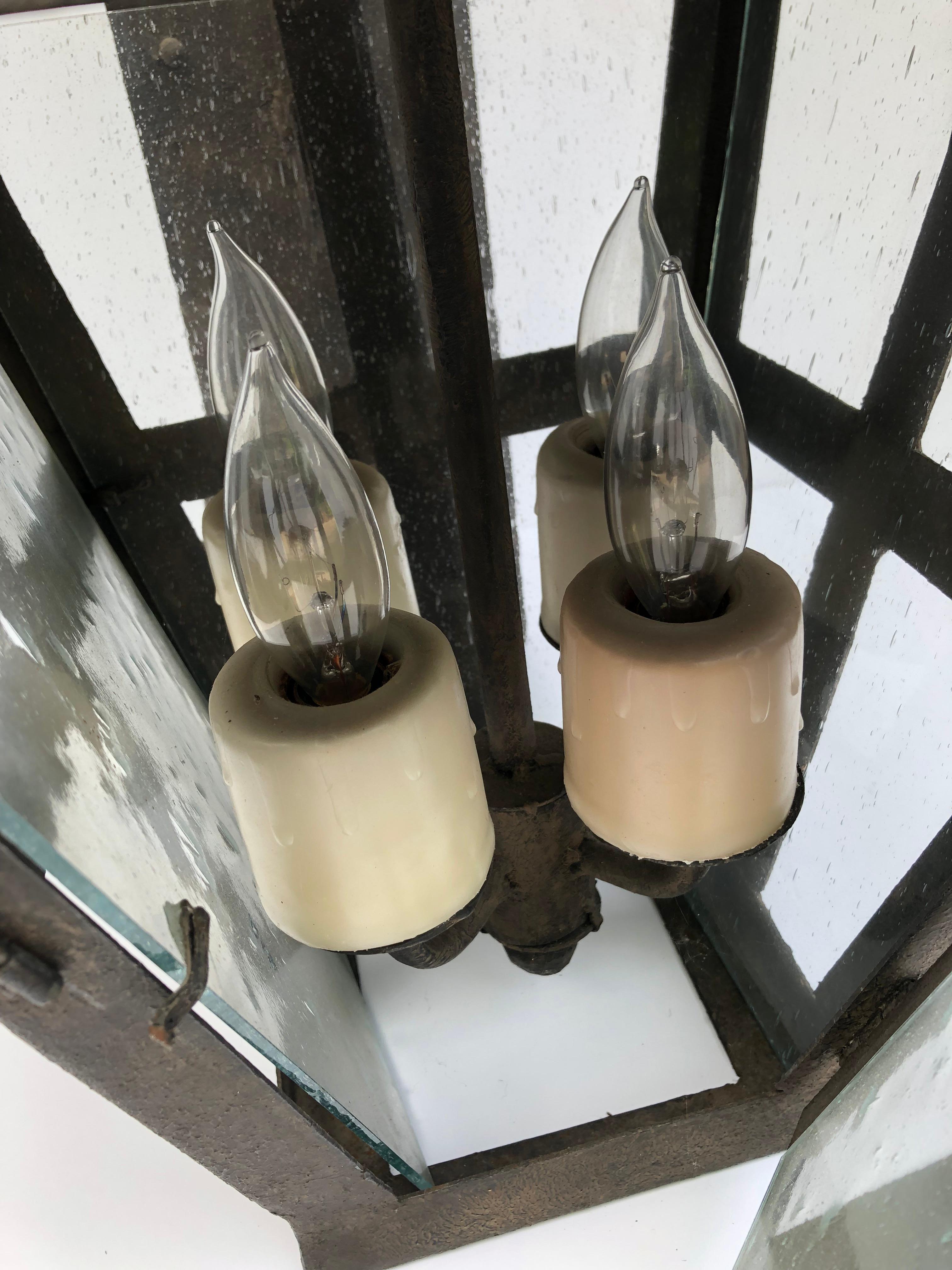 Handsome Large Outdoor Iron Lantern with Seeded Glass 2