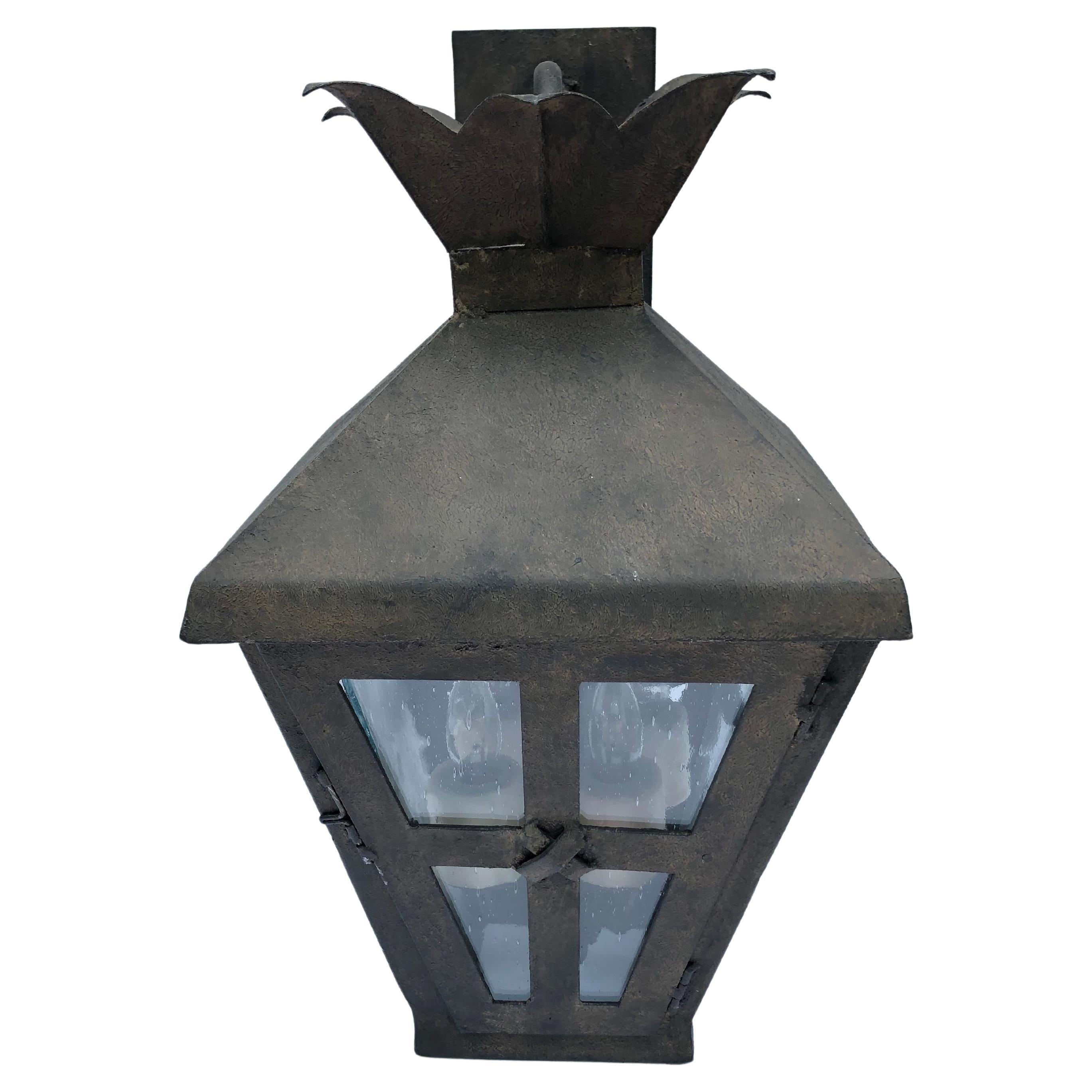 Handsome Large Outdoor Iron Lantern with Seeded Glass For Sale