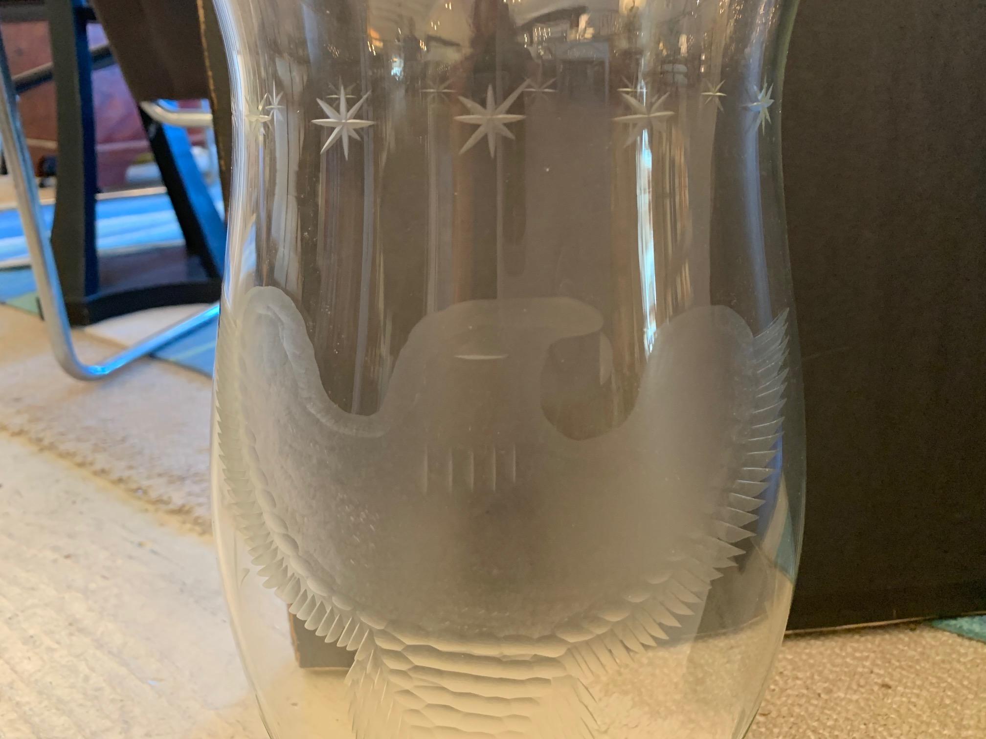 American Handsome Large Pair of Glass Hurricanes with Eagles and Star Decoration For Sale