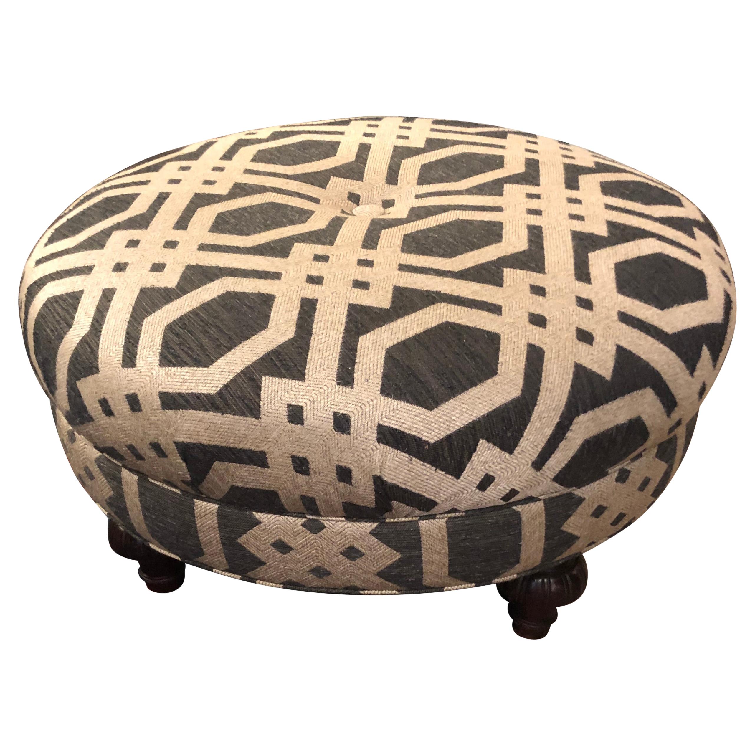 Handsome Large Round Upholstered Ottoman in Striking Lattice Motife Fabric