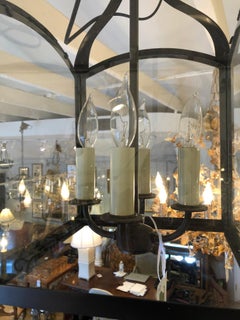 Handsome Large Square Bronze & Glass Lantern Pendant Chandelier