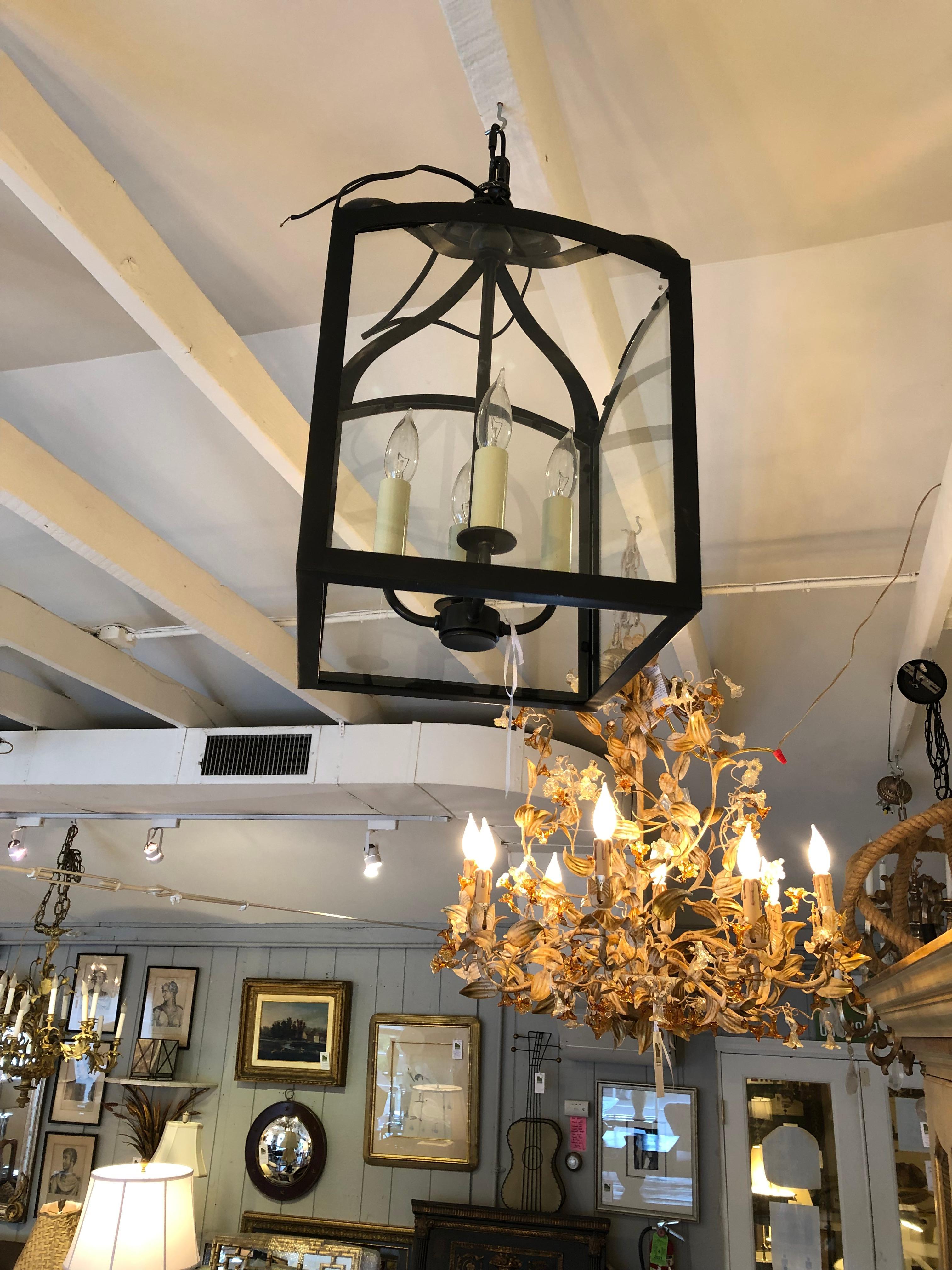 Handsome Large Square Bronze & Glass Lantern Pendant Chandelier In Good Condition For Sale In Hopewell, NJ