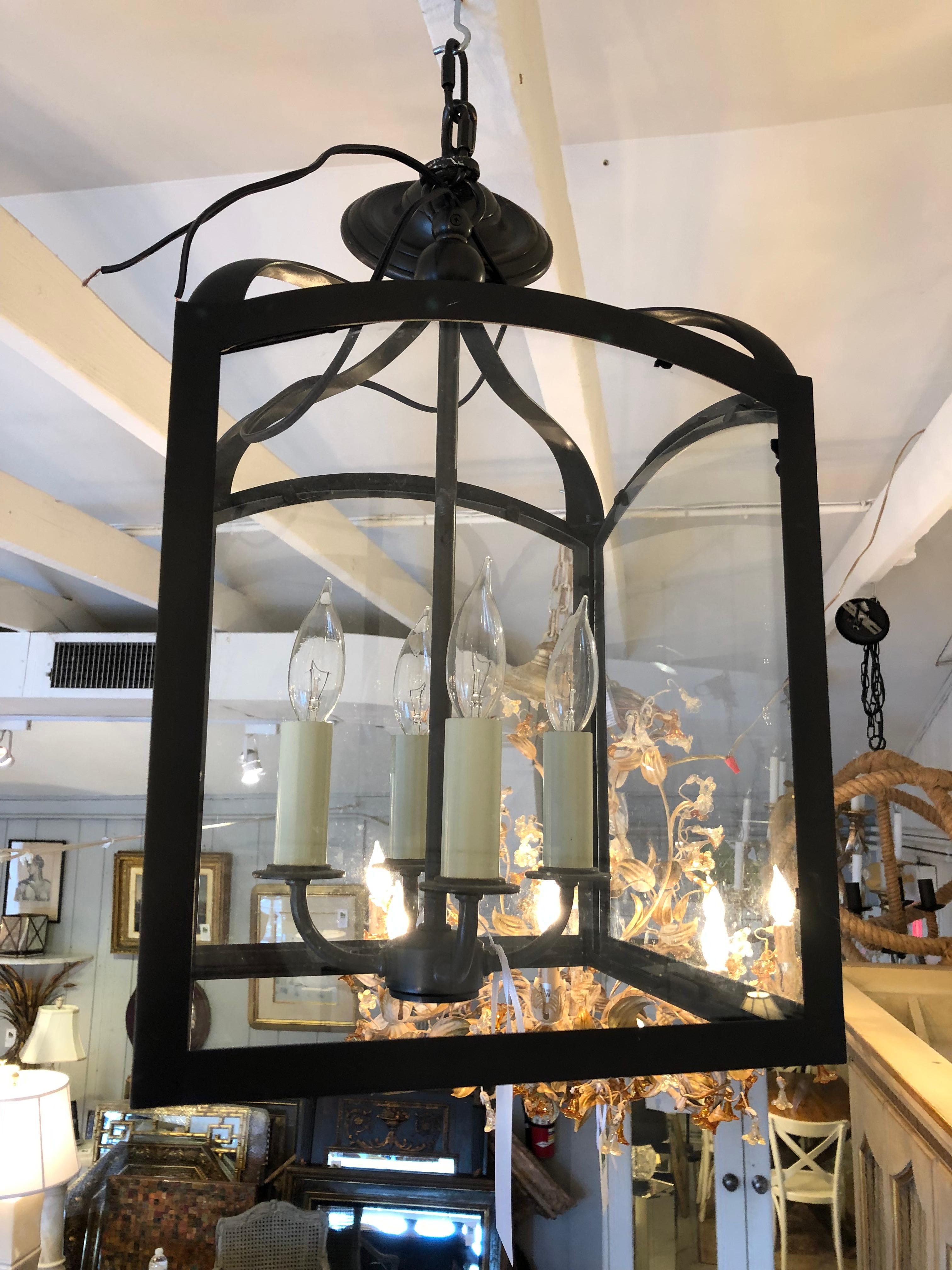 Handsome Large Square Bronze & Glass Lantern Pendant Chandelier For Sale 1