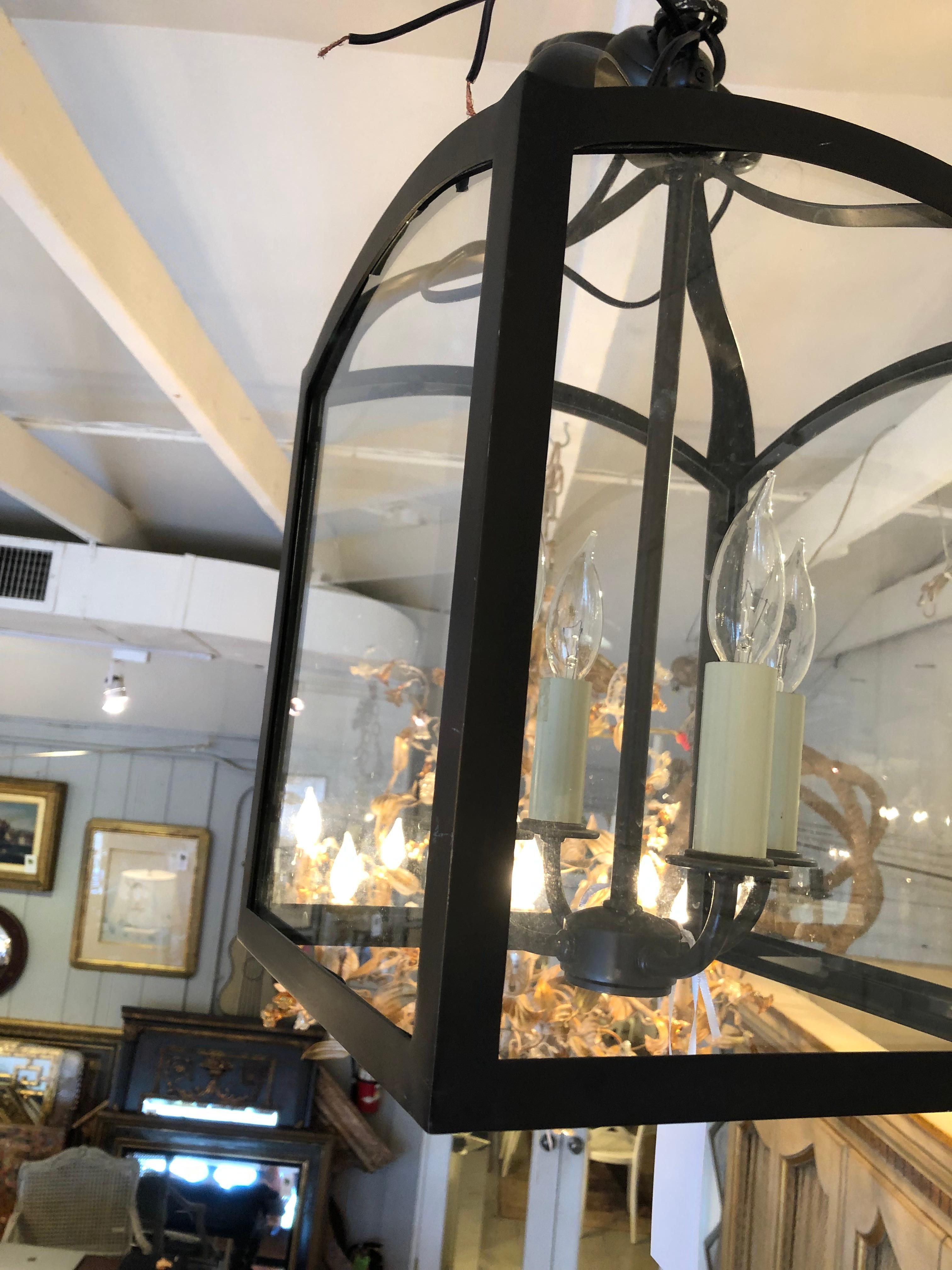 Handsome Large Square Bronze & Glass Lantern Pendant Chandelier For Sale 2