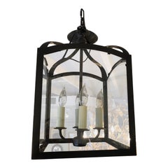 Handsome Large Square Bronze & Glass Lantern Pendant Chandelier