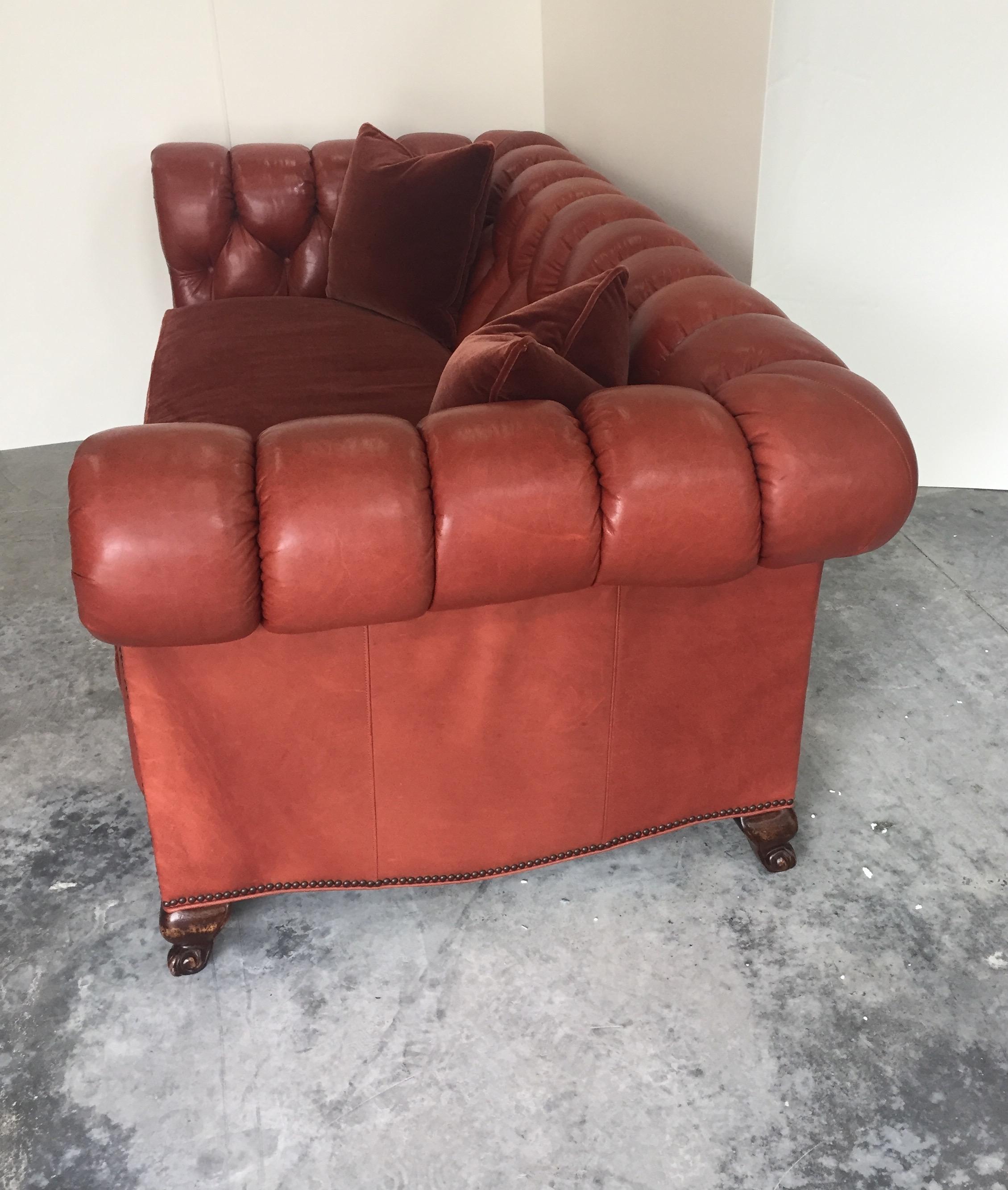 American Classical Handsome Leather and Mohair Chesterfield Sofa