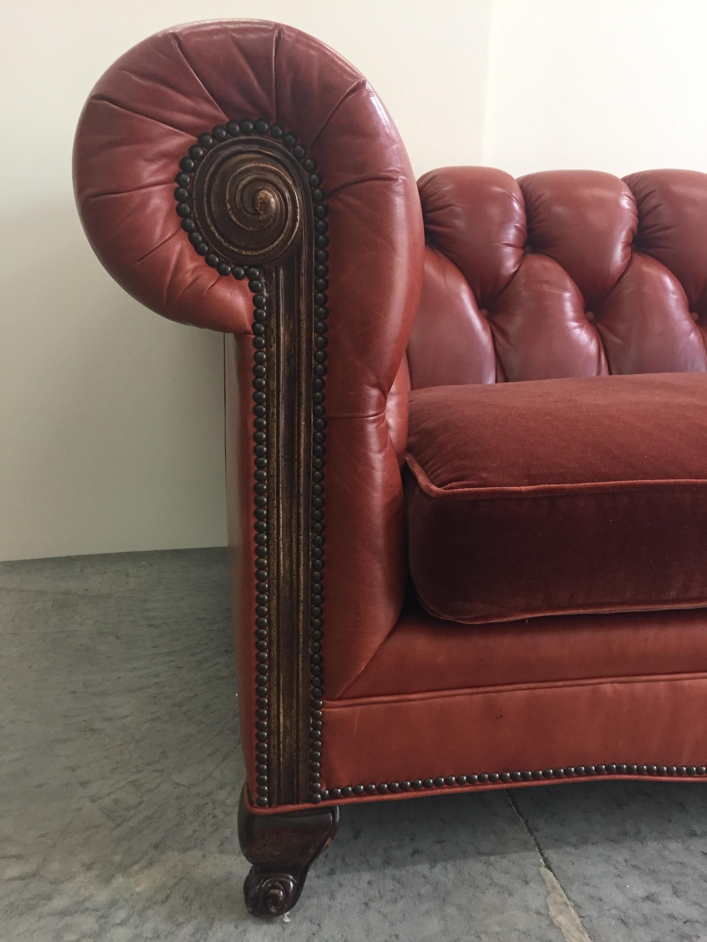 Handsome Leather and Mohair Chesterfield Sofa In Excellent Condition In Hopewell, NJ