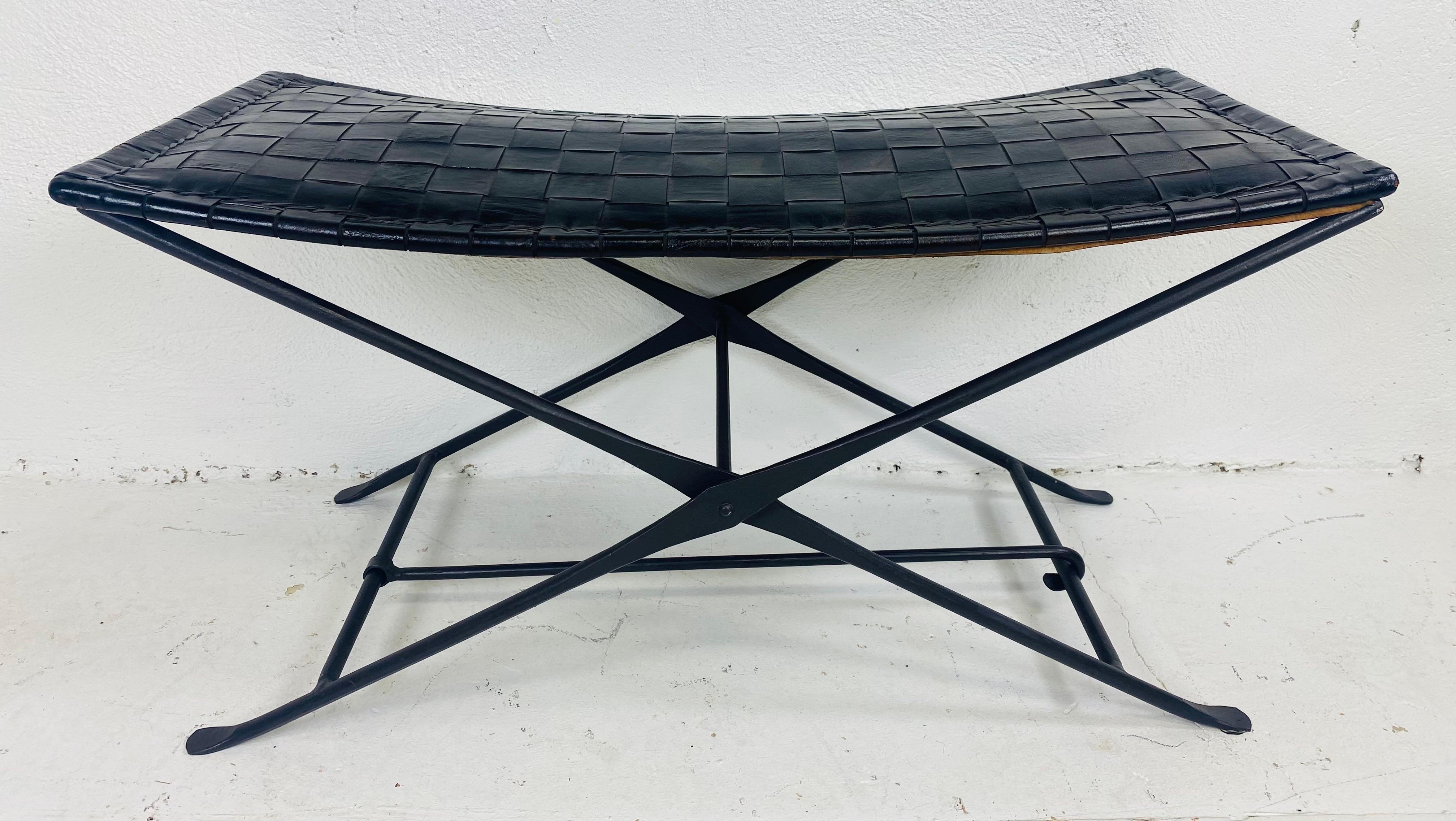 Unknown Handsome leather and wrought iron military campaign sale bench.