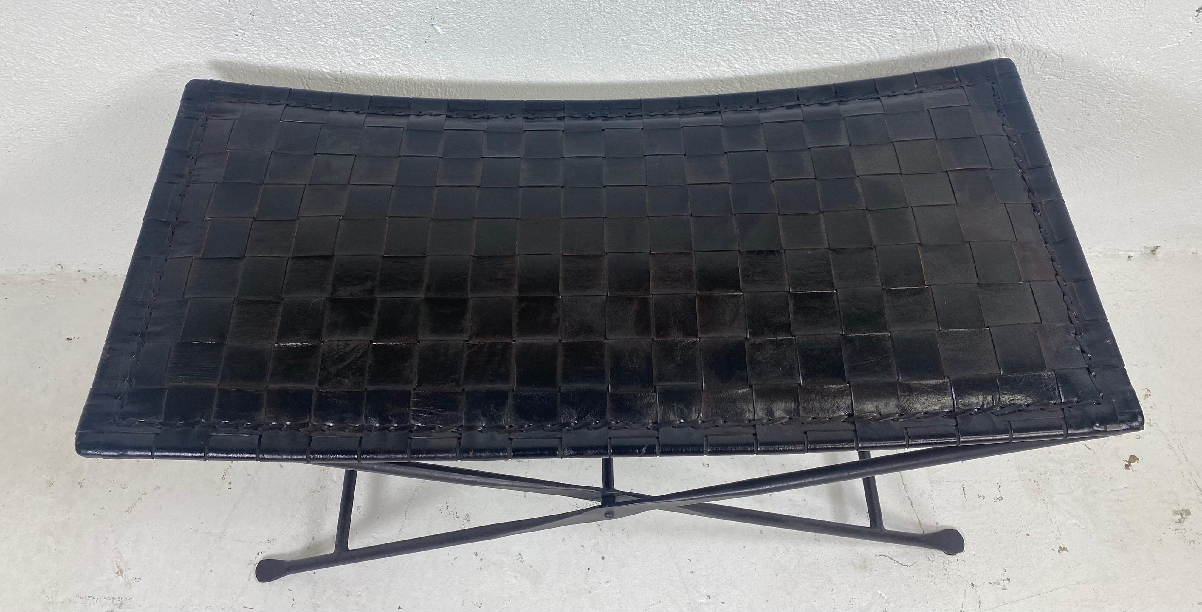 Hand-Crafted Handsome leather and wrought iron military campaign sale bench.