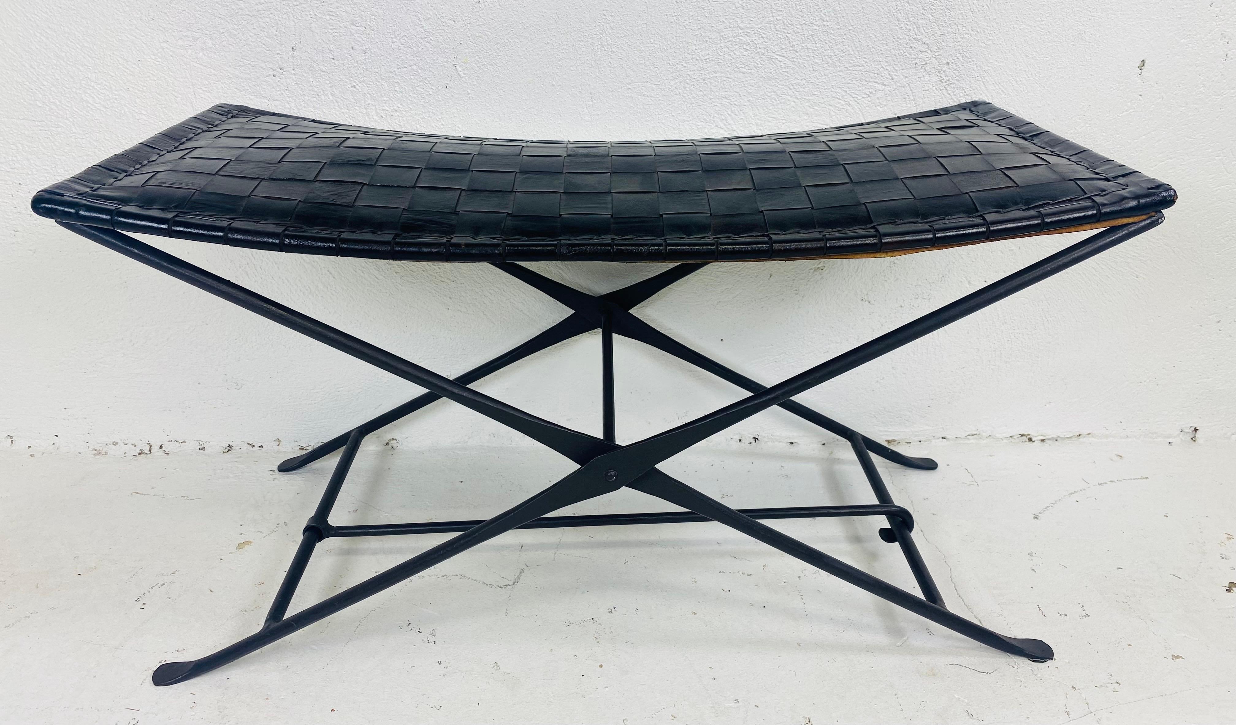 Iron Handsome leather and wrought iron military campaign sale bench.