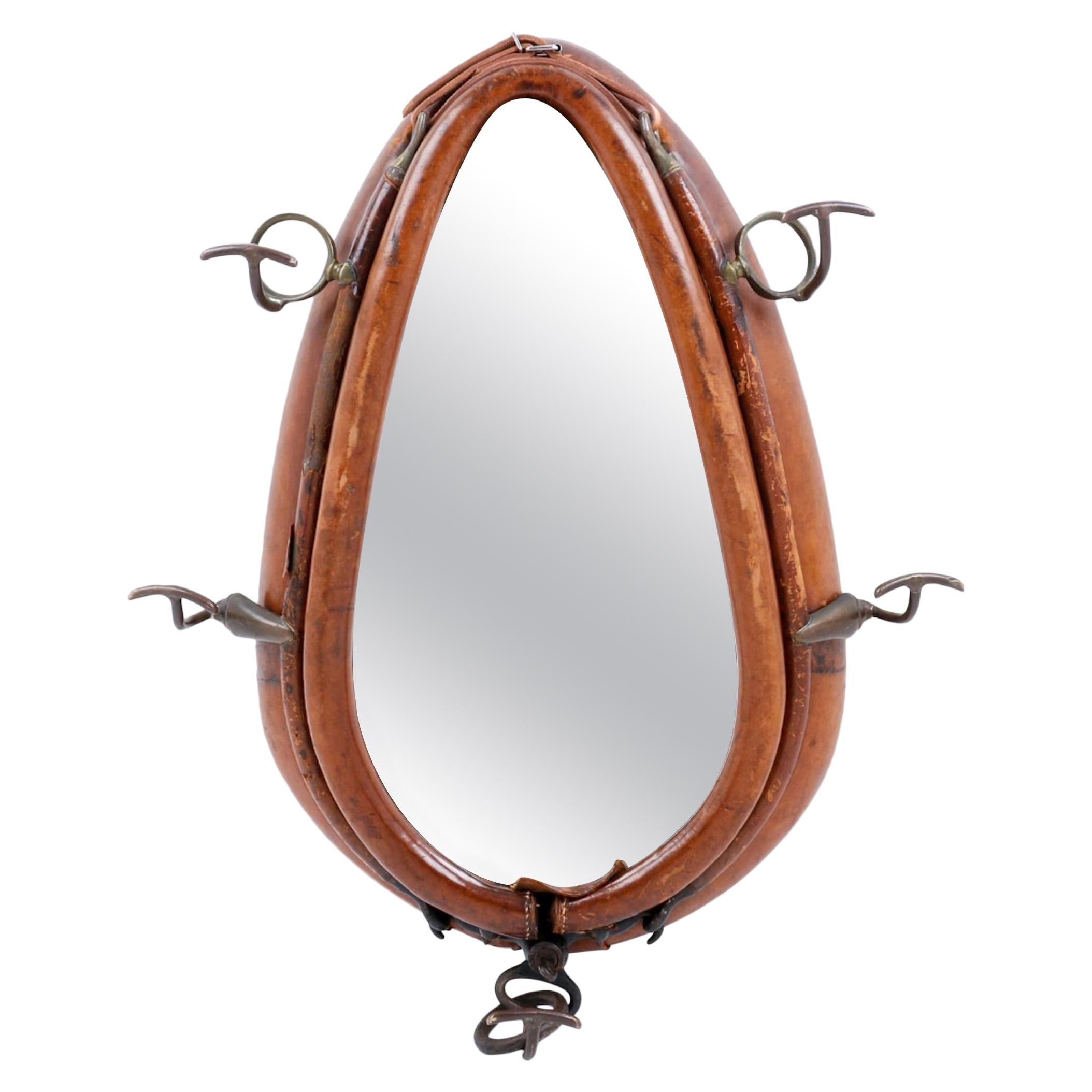 Handsome Leather Horse Colar Mounted With Iron Coat Hooks, Incasing Mirror For Sale