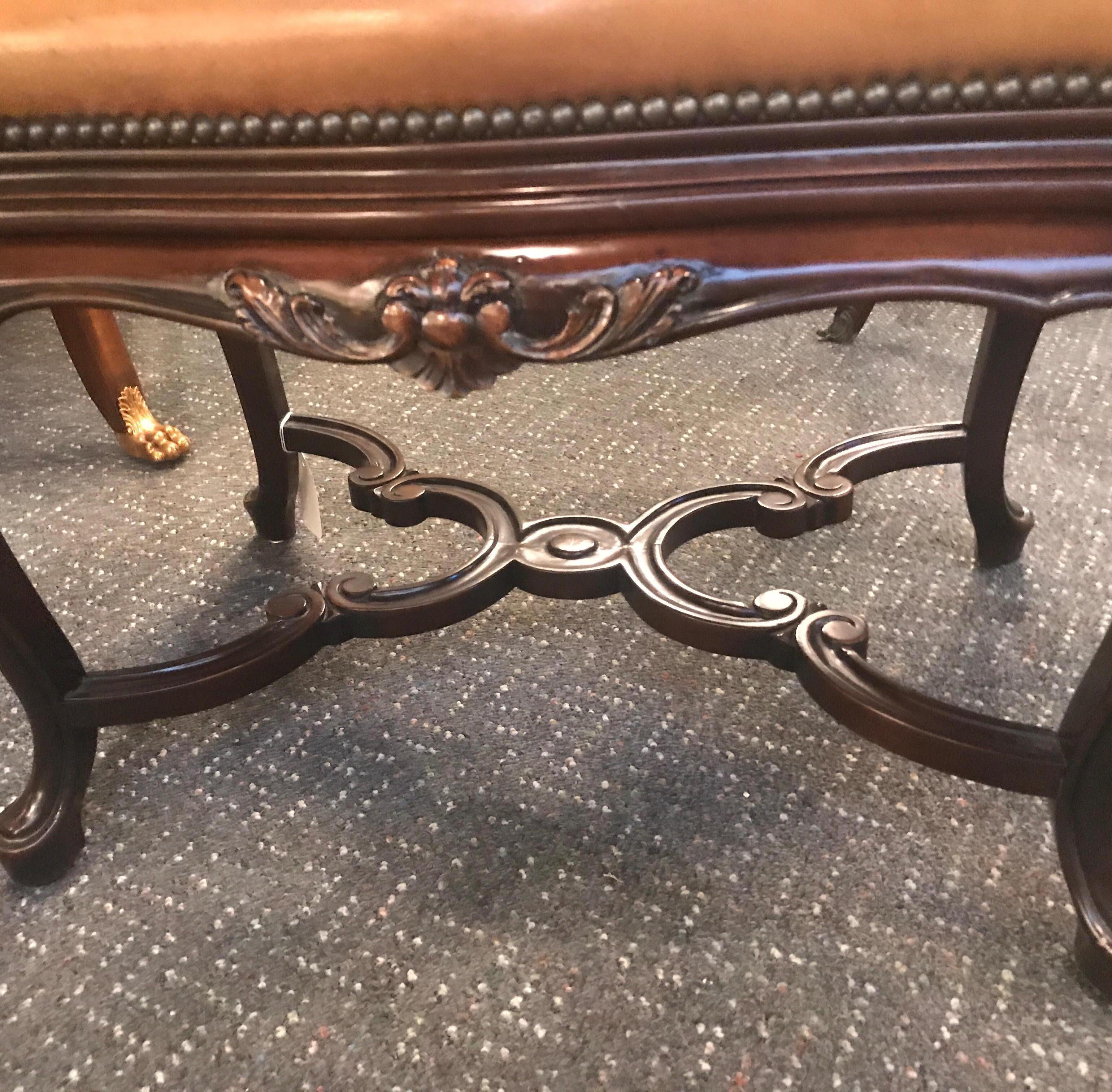 Handsome Leather Upholstered Bench with Walnut Base 1