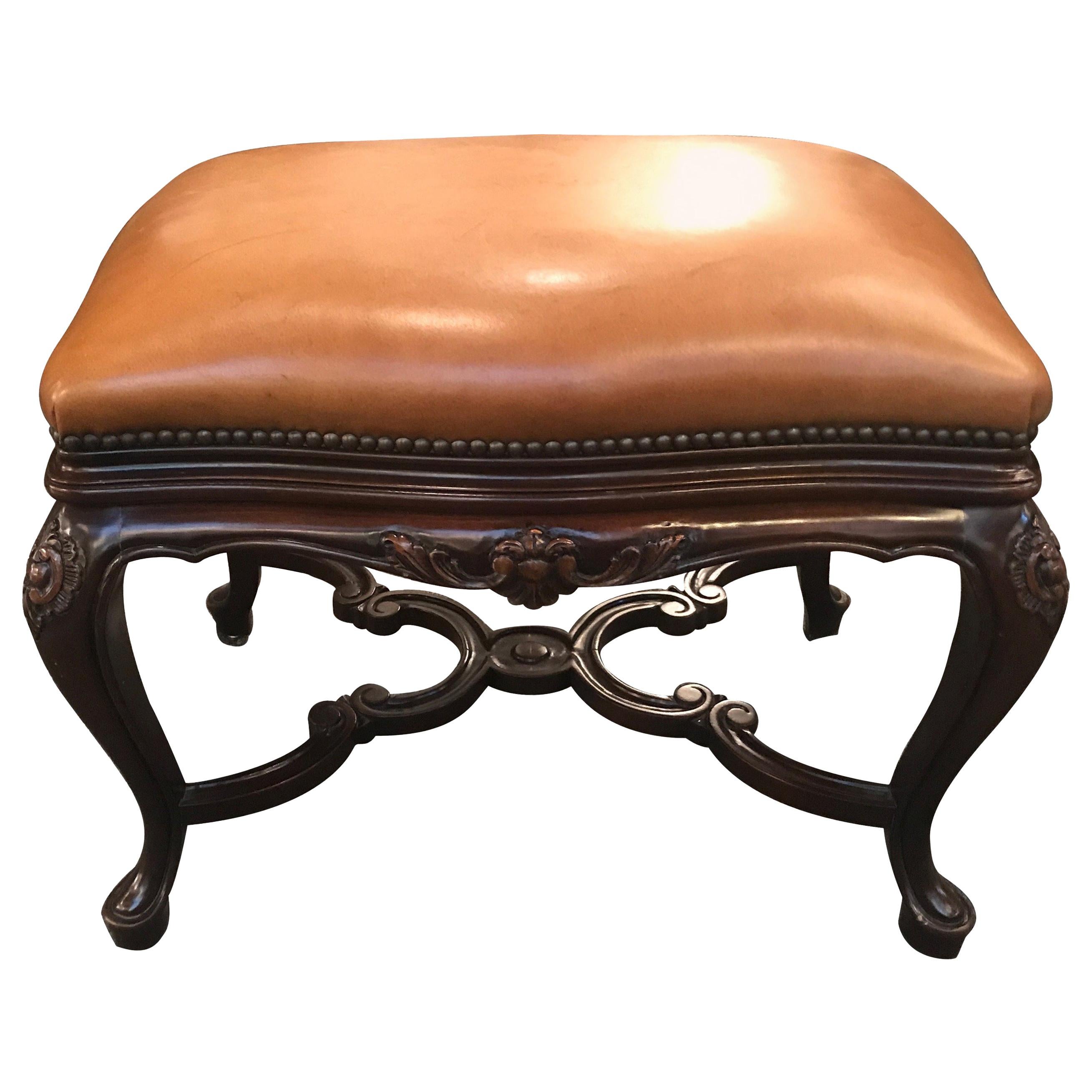 Handsome Leather Upholstered Bench with Walnut Base