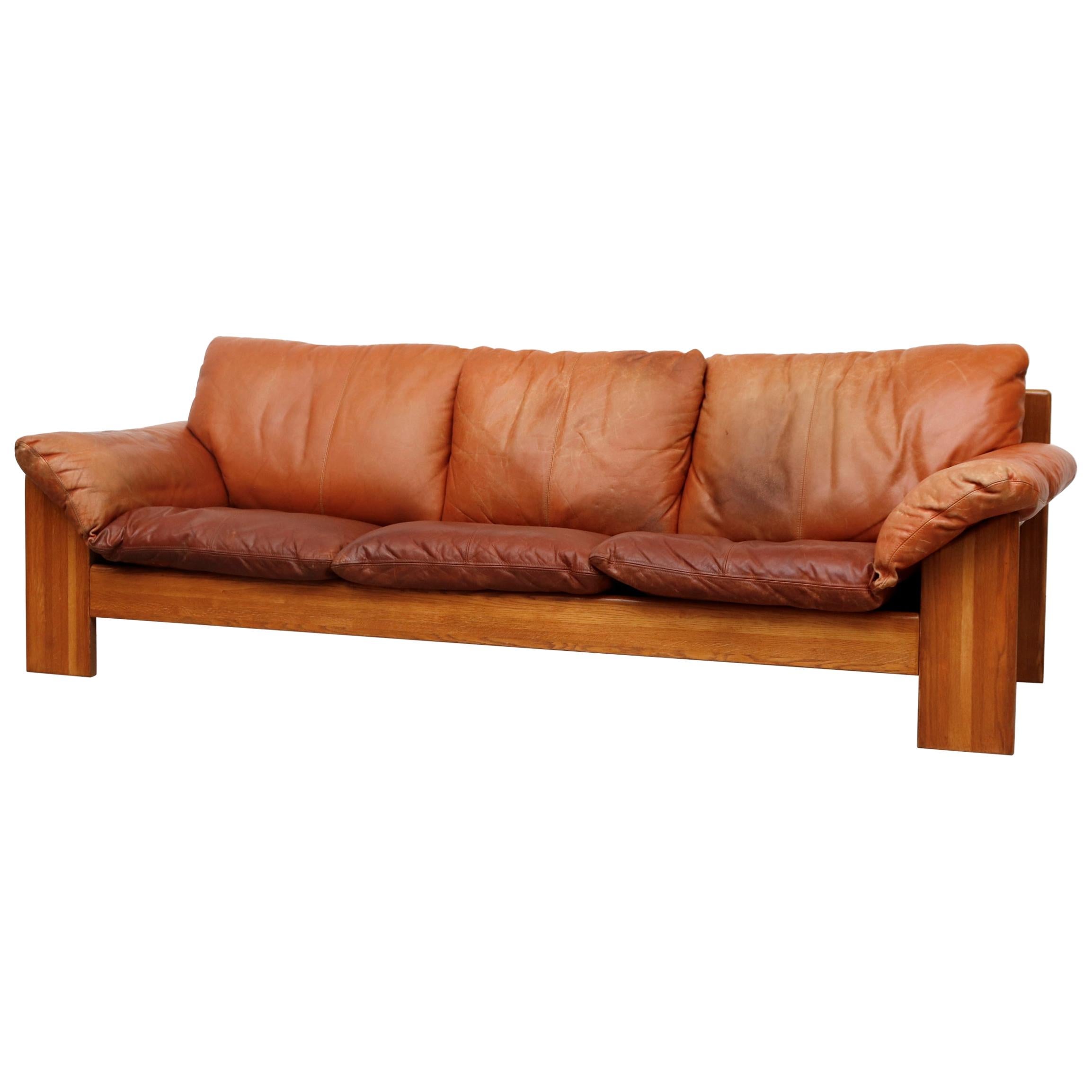 Handsome Leolux 3-Seat Sofa with Cognac Leather Cushions