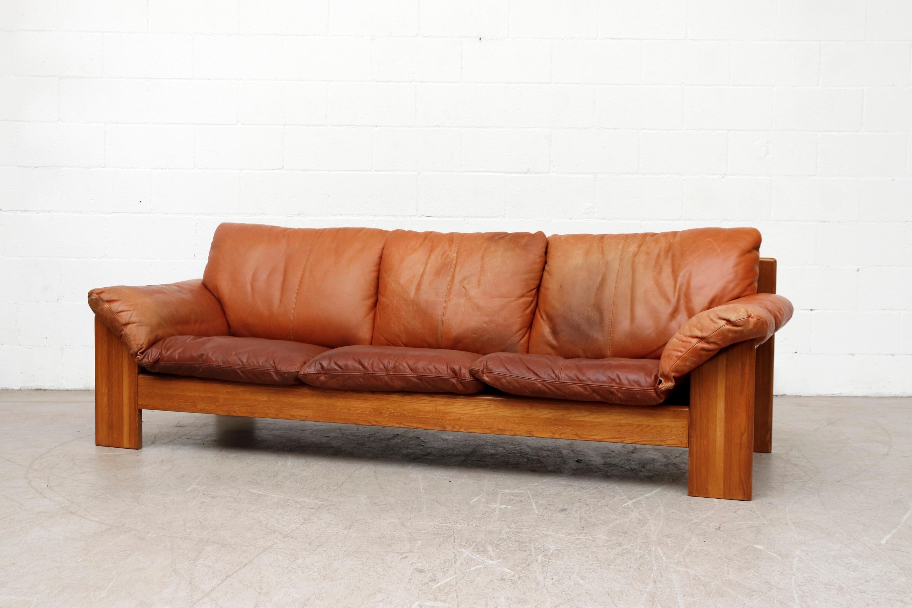 Mid-Century Modern Handsome Leolux 3-Seat Sofa with Cognac Leather Cushions