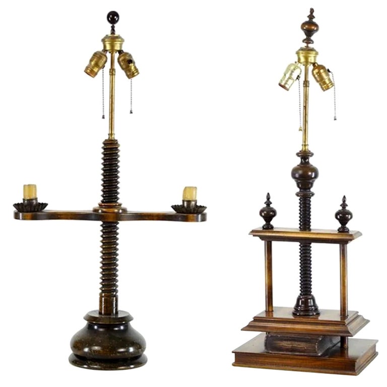 Handsome Library Book Press Lamp and Candlestick Lamp For Sale