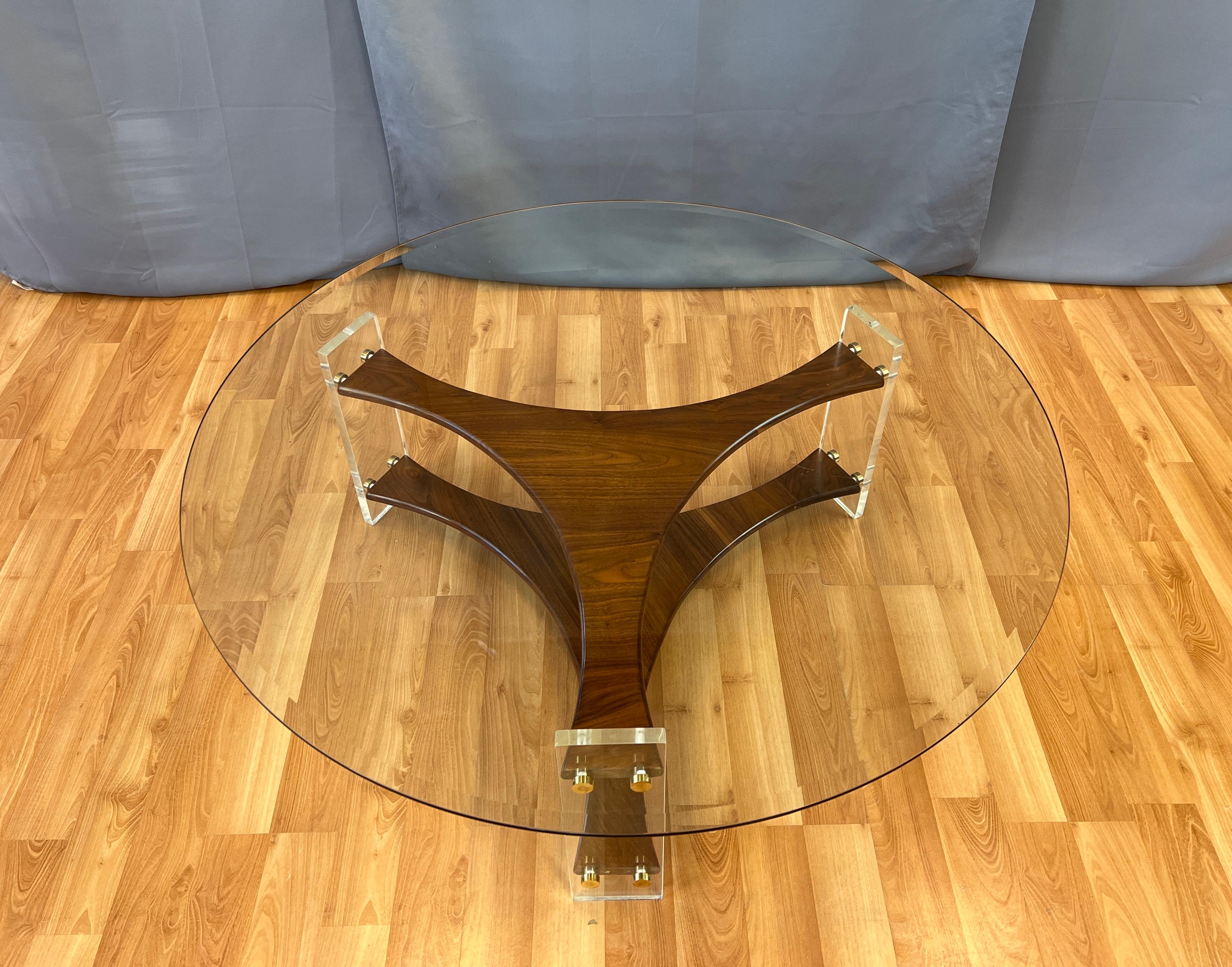 Handsome Mid-century Lucite Walnut Tri-Leg Round Glass Coffee Table 6