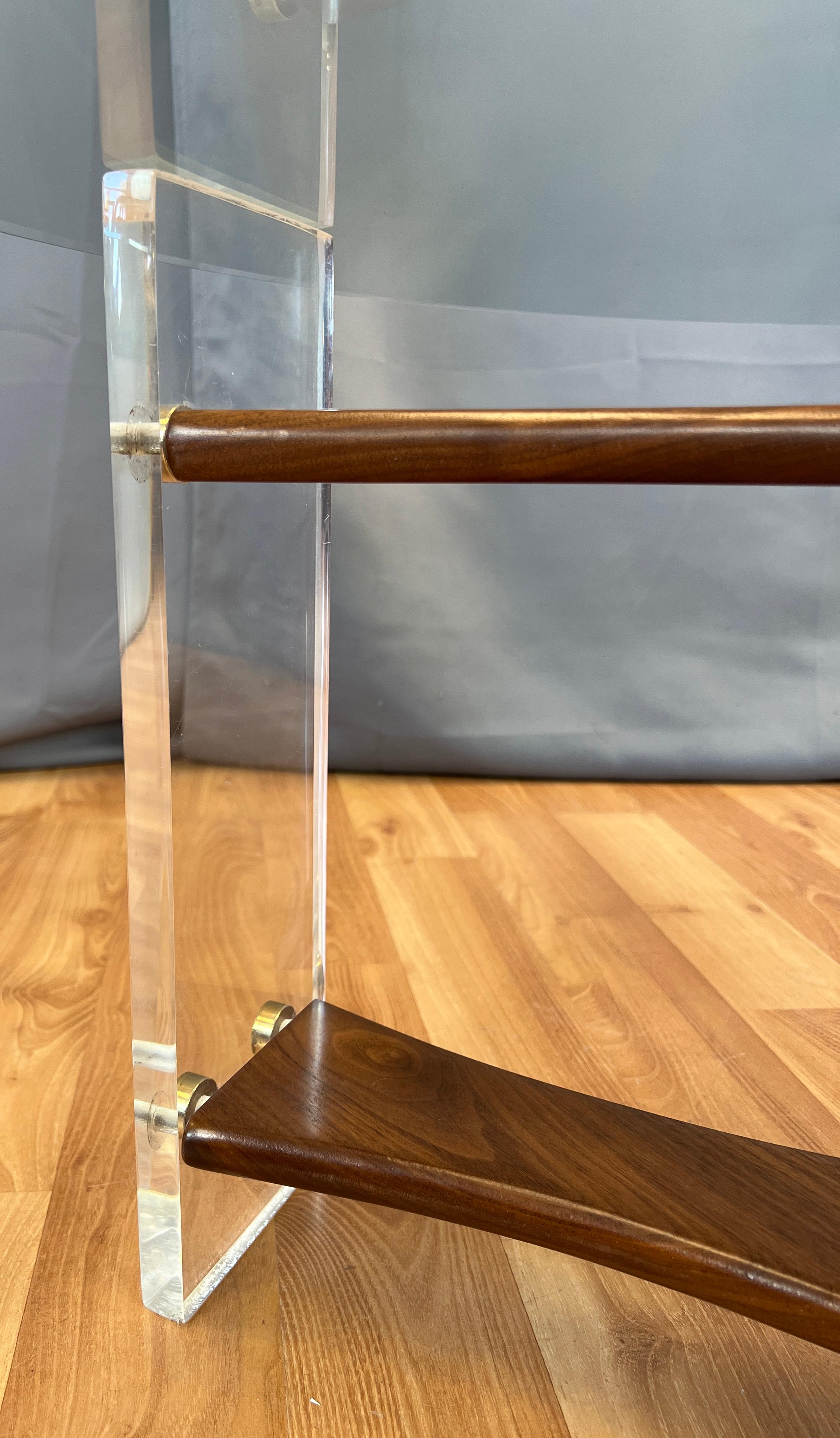 Handsome Mid-century Lucite Walnut Tri-Leg Round Glass Coffee Table 7