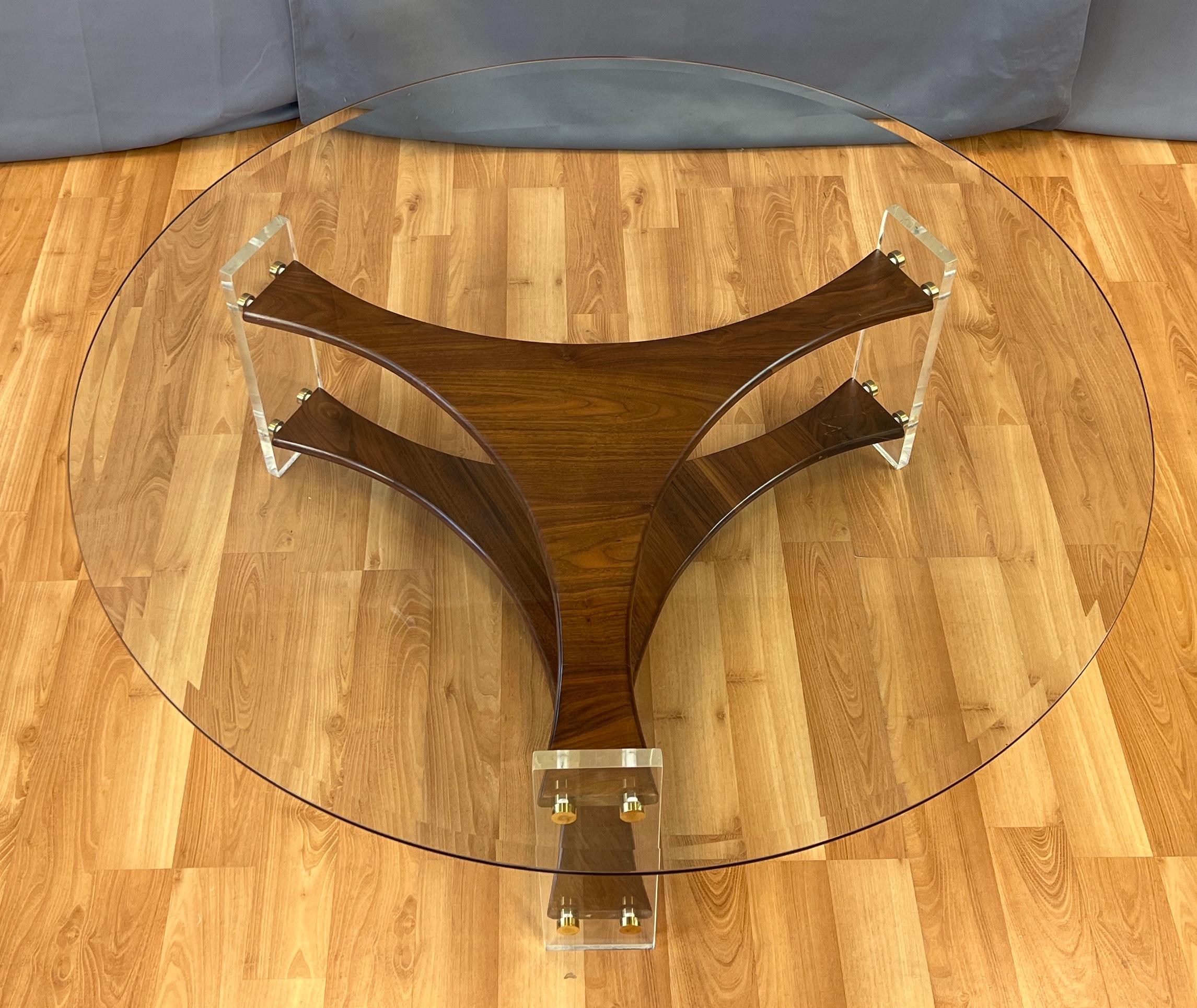 Mid-Century Modern Handsome Mid-century Lucite Walnut Tri-Leg Round Glass Coffee Table