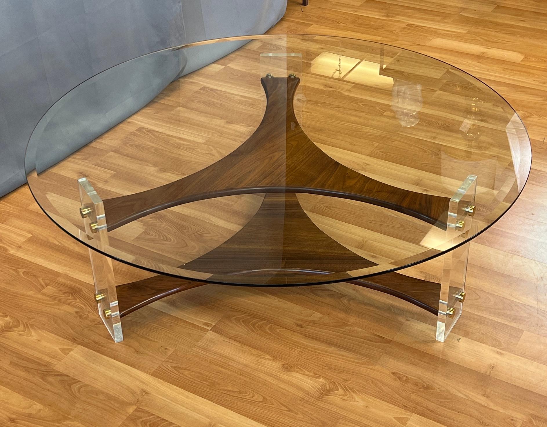 American Handsome Mid-century Lucite Walnut Tri-Leg Round Glass Coffee Table