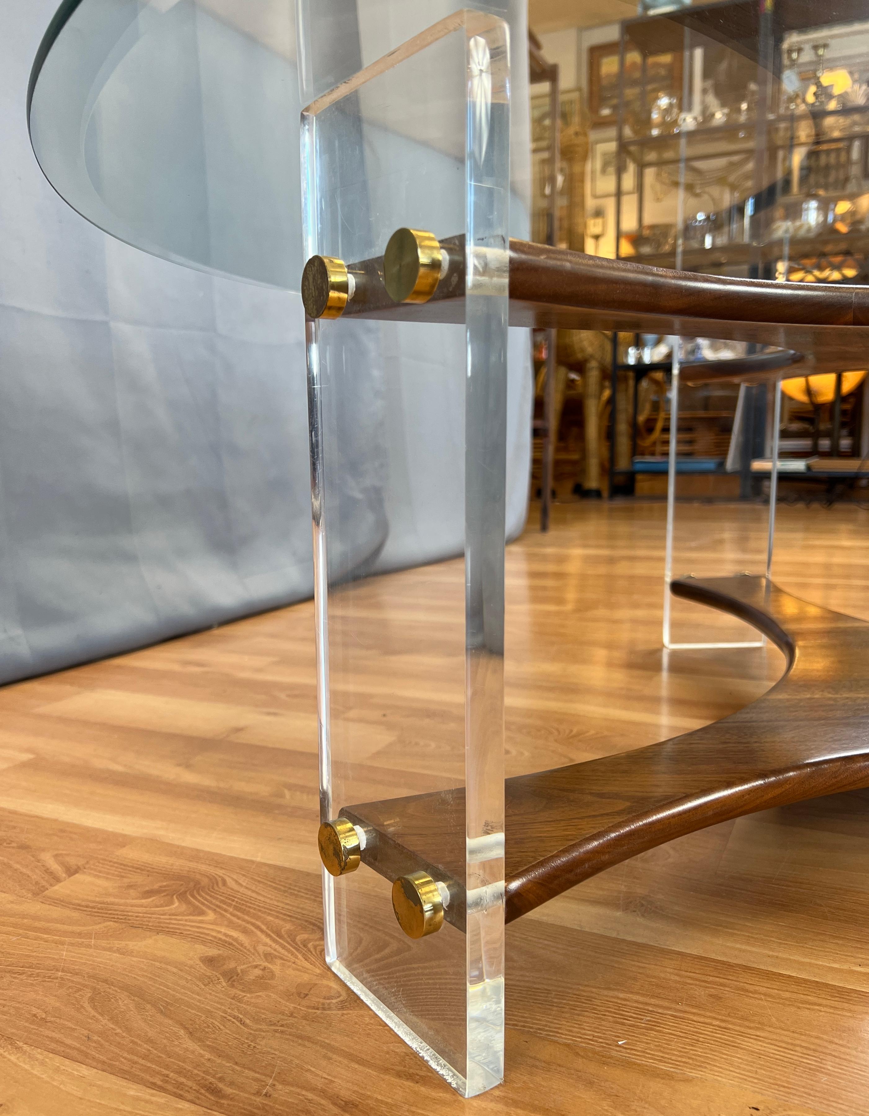 Handsome Mid-century Lucite Walnut Tri-Leg Round Glass Coffee Table 1