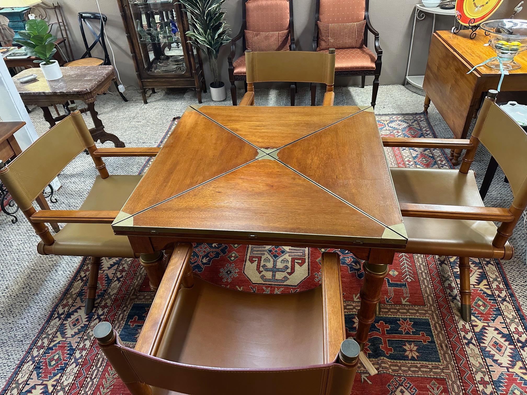 Impressive mahogany game table that opens up, has brass details and 4 director’s style leather chairs.

Table:  Closed 40.25” Square. 30.5” H
Open 29.5” H 56.5” Square


Chairs 36” H x 22” D x 25” W
Seat: 16” H x 18” D
Arm: 26” H

