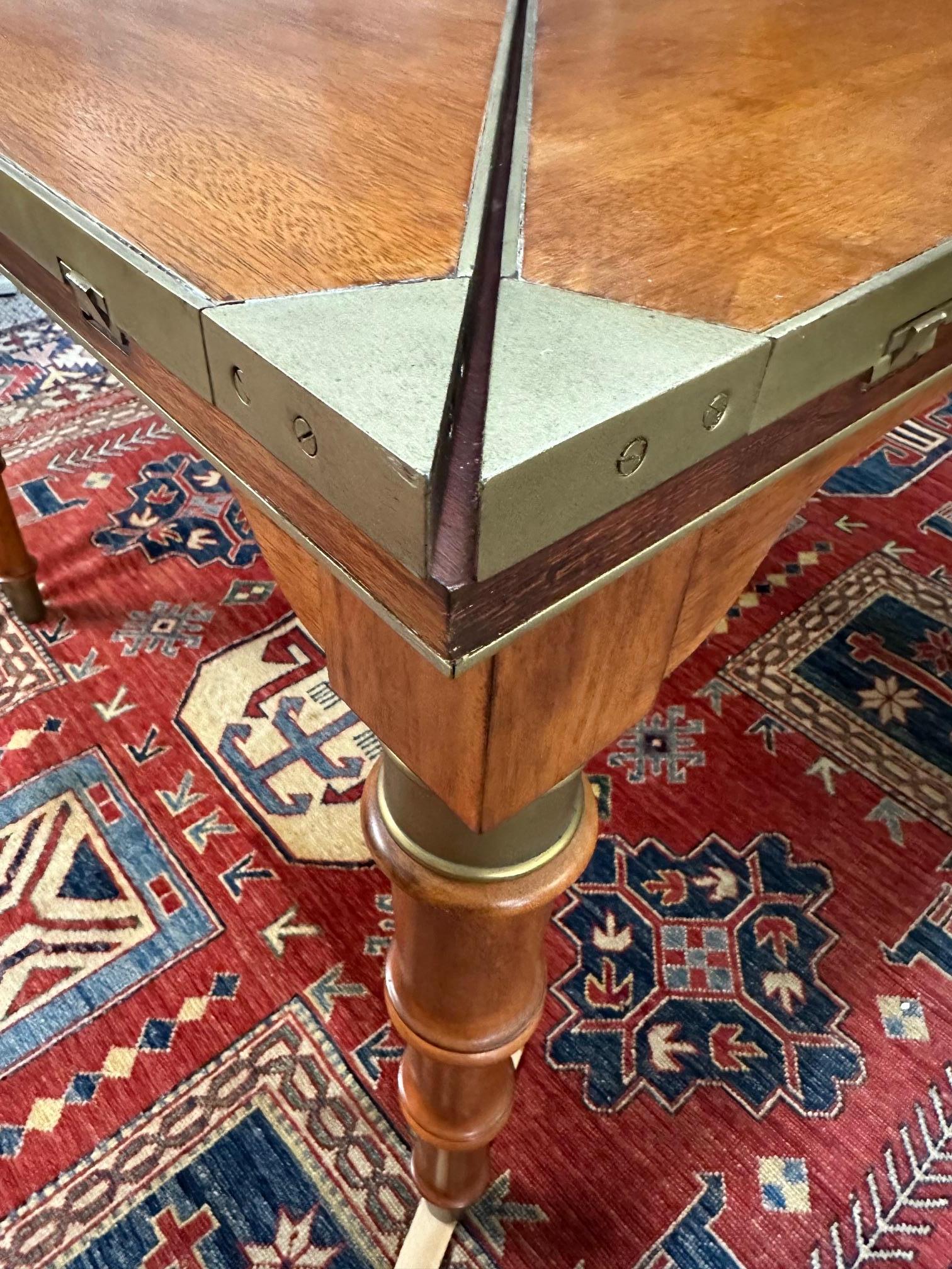Campaign Handsome Mahogany and Brass Game Table with Leather Chairs For Sale