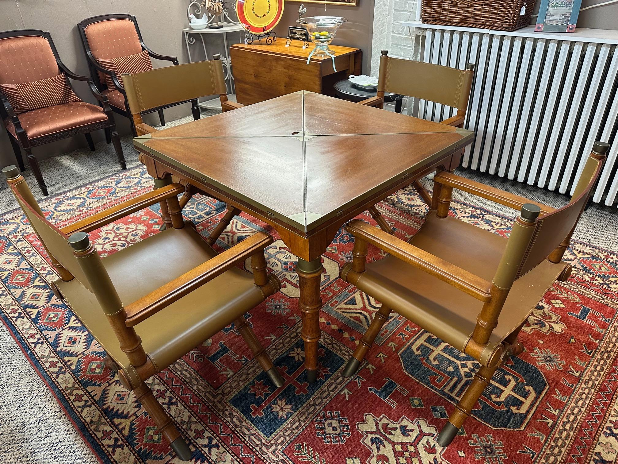 Late 20th Century Handsome Mahogany and Brass Game Table with Leather Chairs For Sale